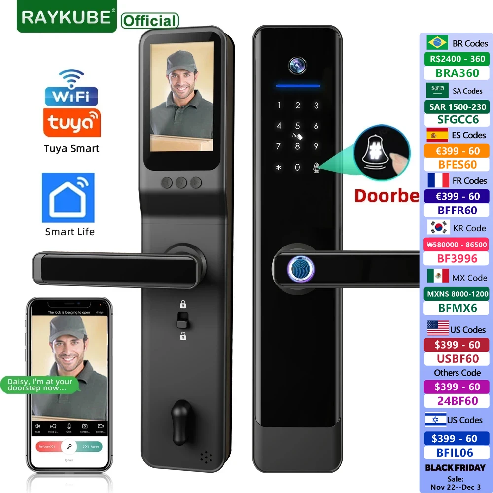 RAYKUBE E908F Tuya Wifi Camera Door lock Fingerprint Electronic Lock With Screen Tuya/ Smartlife APP Remote Unlock Video Call