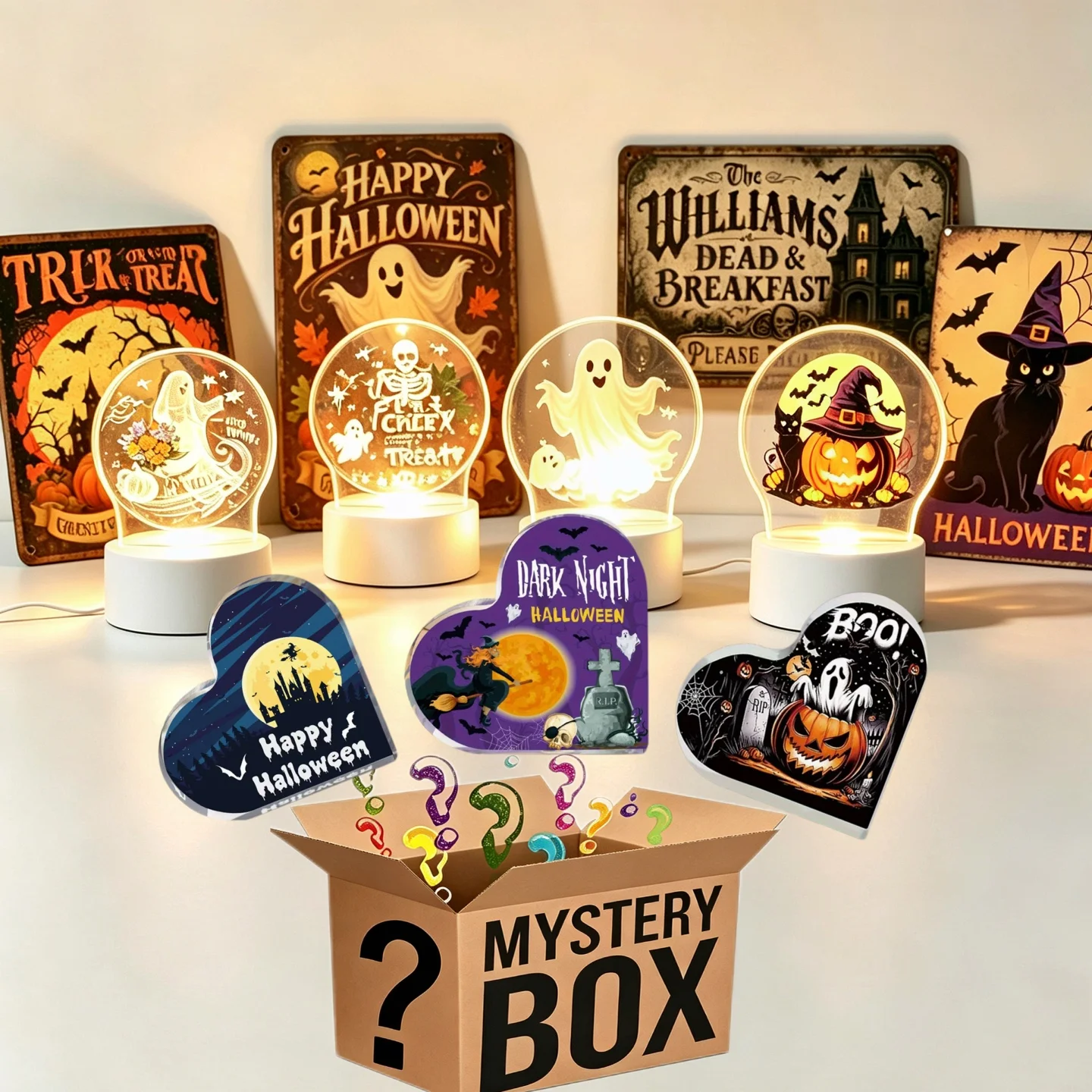 Spooky Halloween Home Decoration Bundle, Assorted Metal Tin Signs & Acrylic Decor Lights for Holiday Gifting