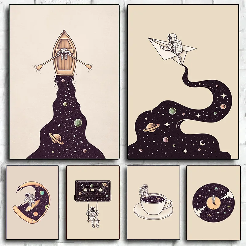 Funny Cartoon Astronaut Universe Play Piano Music Print Poster Canvas Painting Kawaii Wall Art For Living Room Home Decor