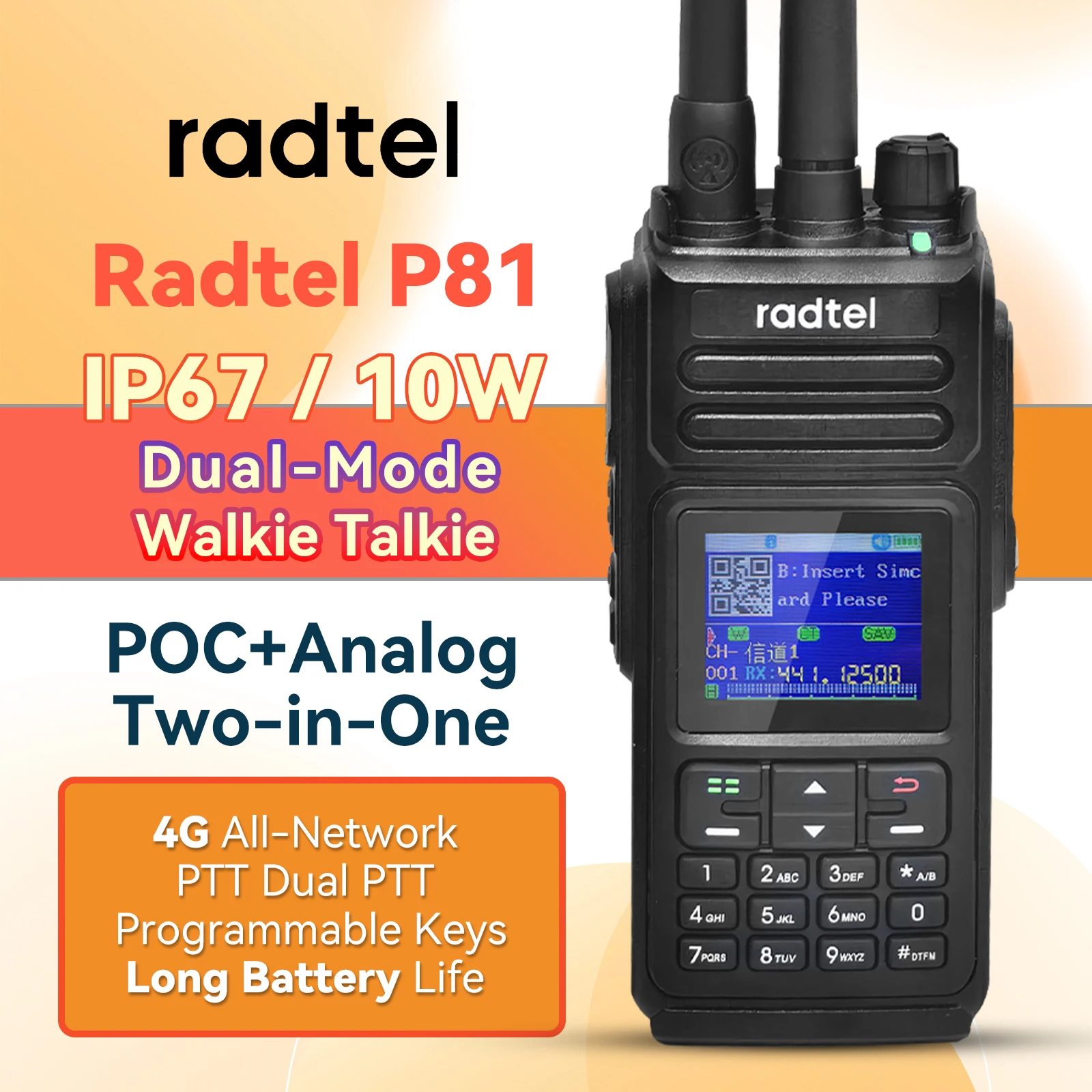 

Radtel P81 POC+UHF 400-470Mhz Dual Mode Walkie Talkie IP67 waterproof 5000km ham radio