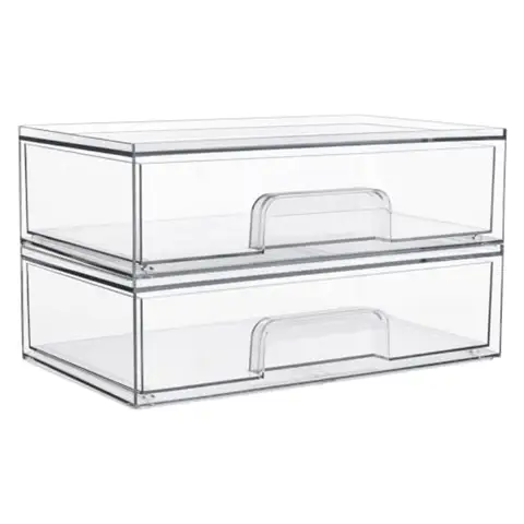 Clear Stackable Storage Drawers, 2 Pack Wide Plastic Organizers