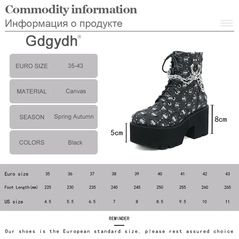 Gdgydh Women\'s Punk Platform Short Boots with Chain Decor Lace Up Chunky Heeled Combat boots for Women Fashion Sequin