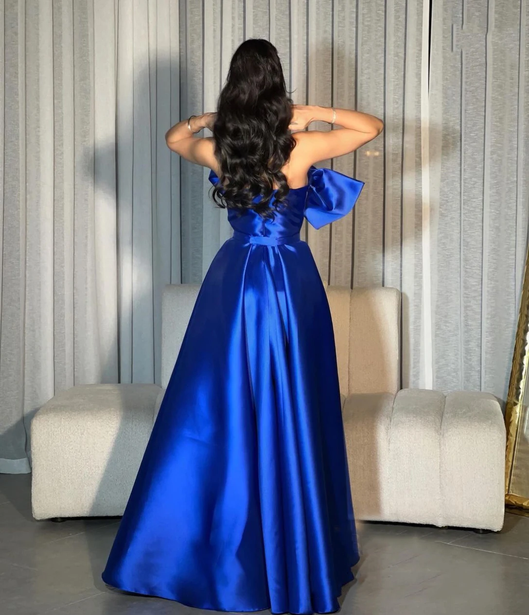 Customized Elegant Long Royal Blue Satin Evening Dresses with Pockets/Bow فساتين سهرة A-Line Floor Length Prom Dress for Women