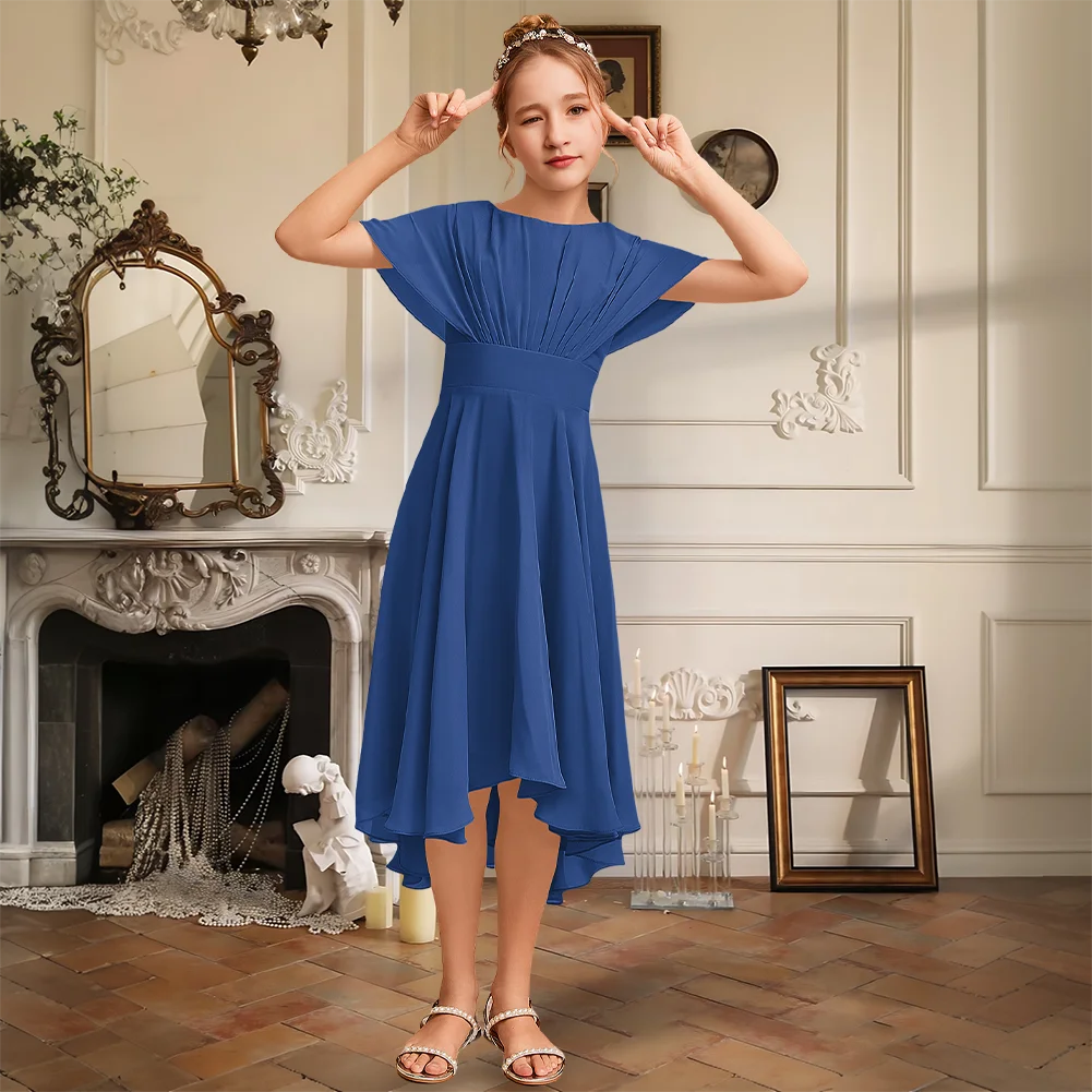 

Elegant A-Line Scoop Asymmetrical Chiffon Junior Bridesmaid Dress Flower Girl Dress With Cape Sleeve Girls Party Formal Wedding