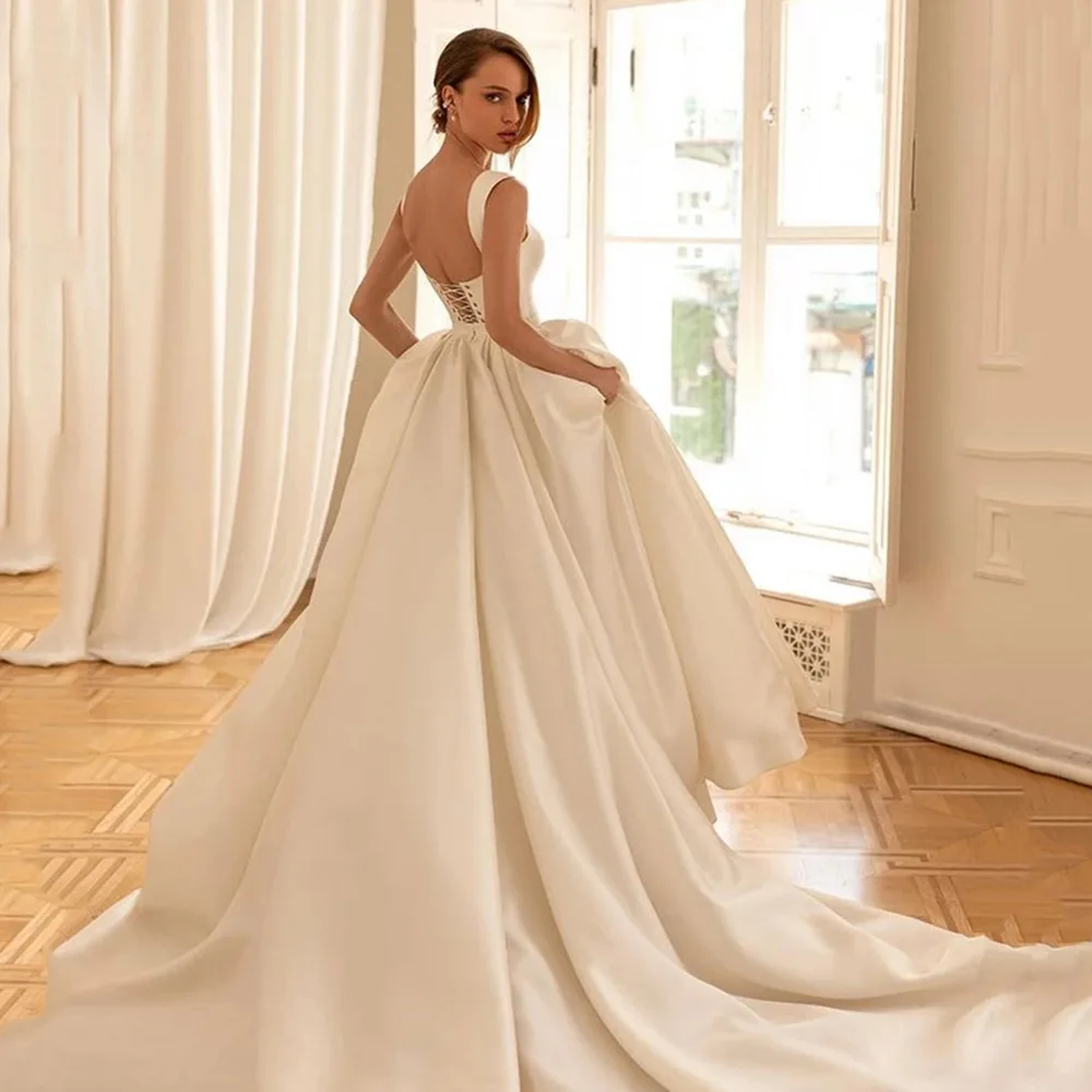 Customized Square Neck Wedding Dress Detachable Long Puffy Sleeves A Line Bridal Gown Lace Up Back Court Train Vestidos De Novia