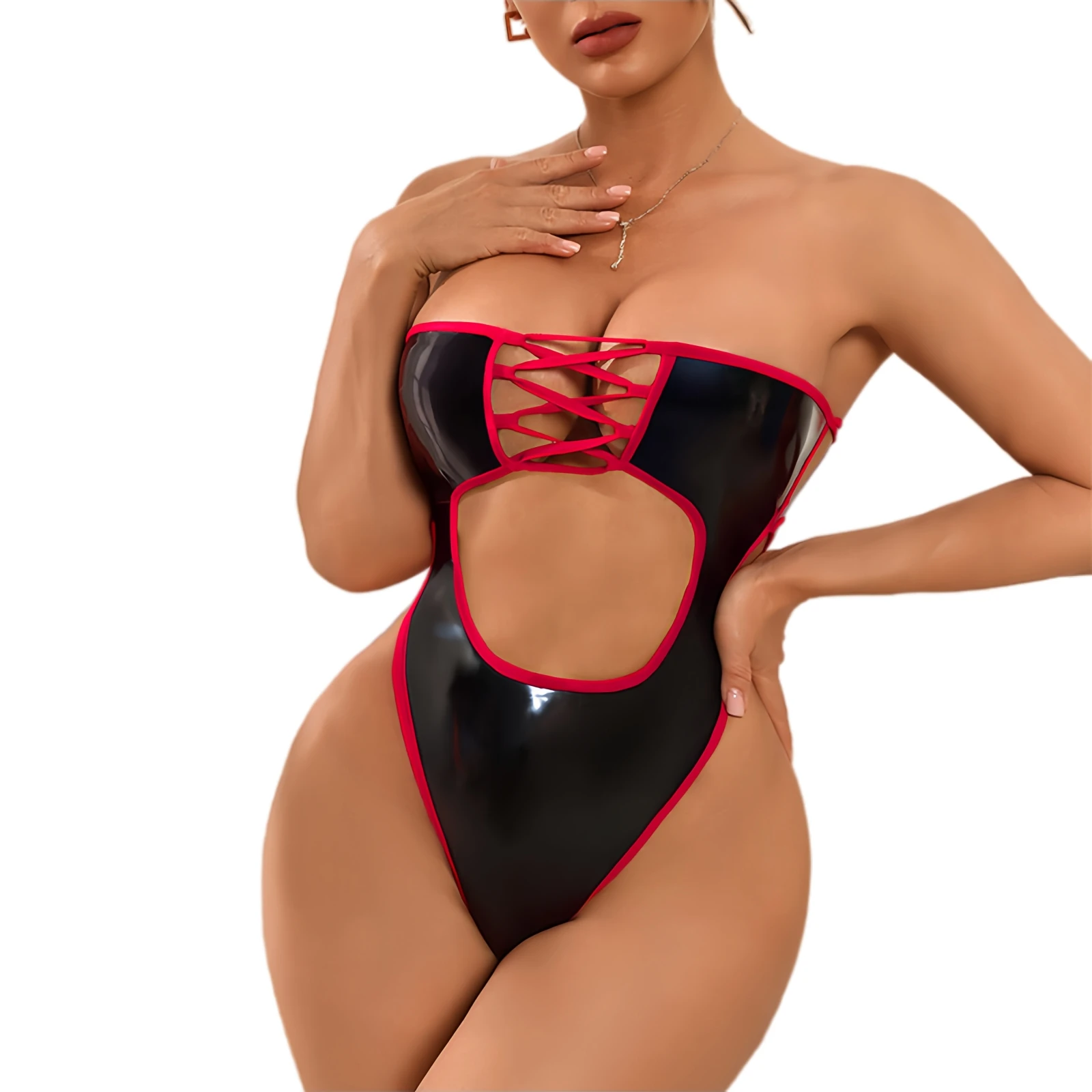 

1pcs Sexy Lingerie Bodysuit for Women PU Leather High-rise Lace Up Cut Out Teddies Perfect for Romantic Night Dating Couple Play