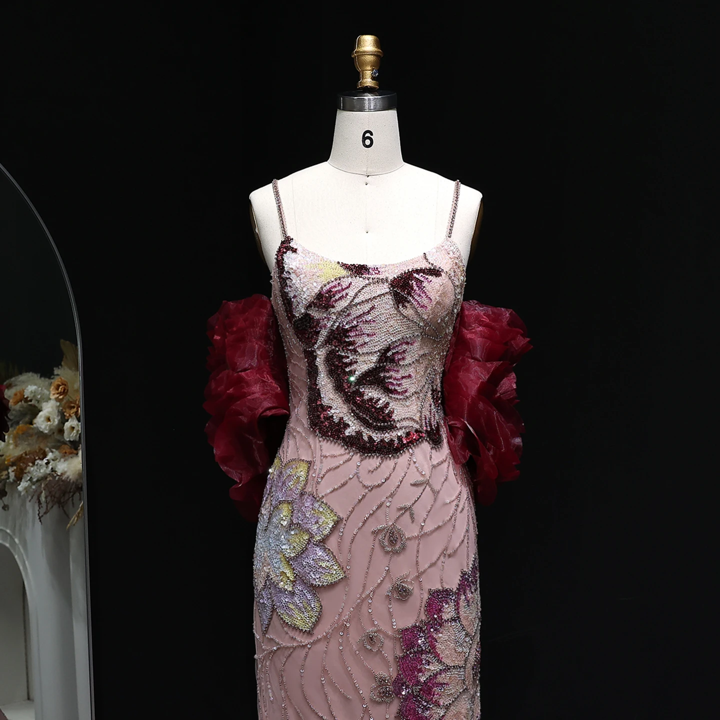 Sharon Said Luxuriöses Rosa Meerjungfrauen-Abendkleid mit Spaghettiträgern und Schal-Cape für Damen, Hochzeit, Party, Ballkleid SS515, Maßanfertigung – Detail 9