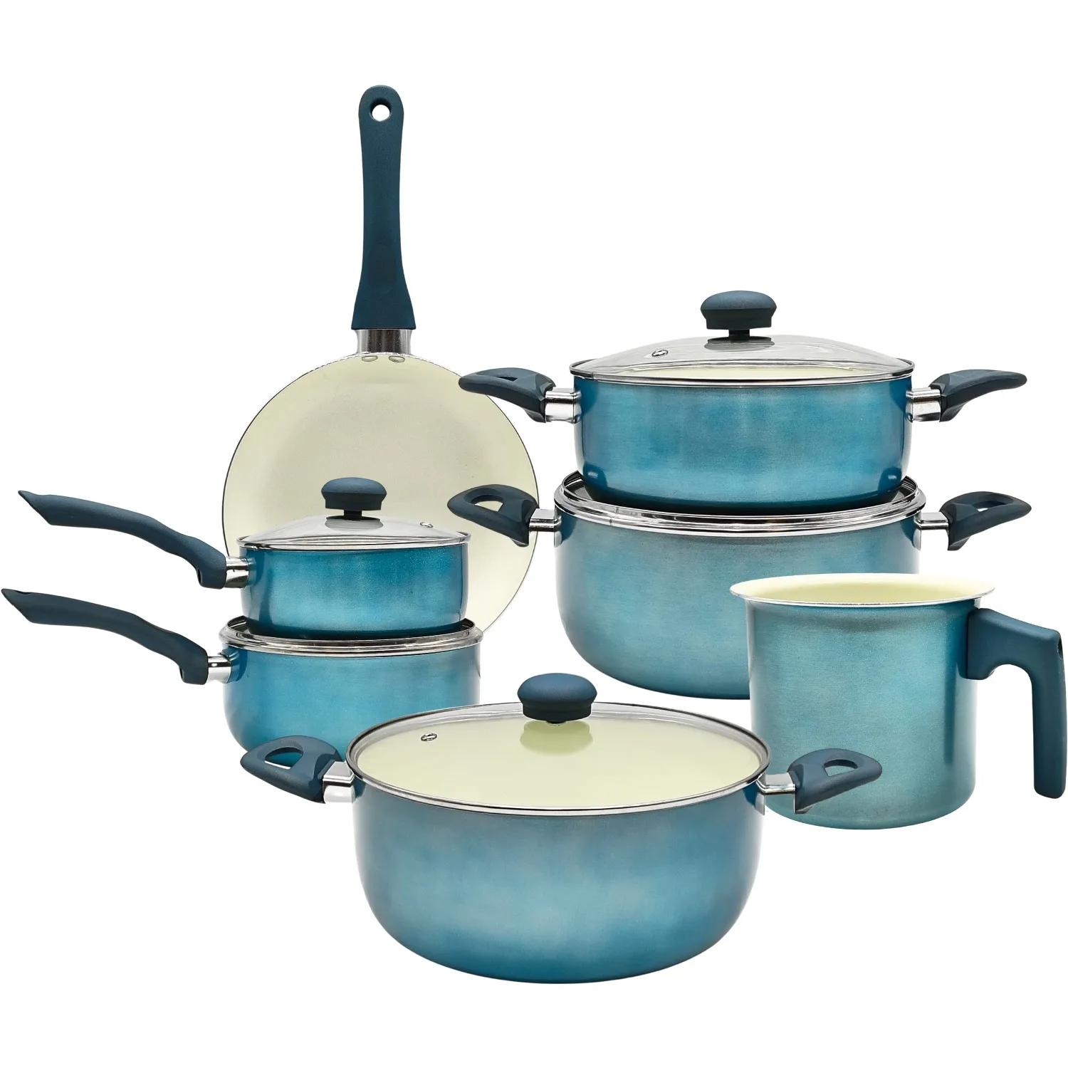 New Geneva House Environment Cookware Set 7 Pieces Blue Ceramic Glass Lid and Siliconed Ergonomic Handles