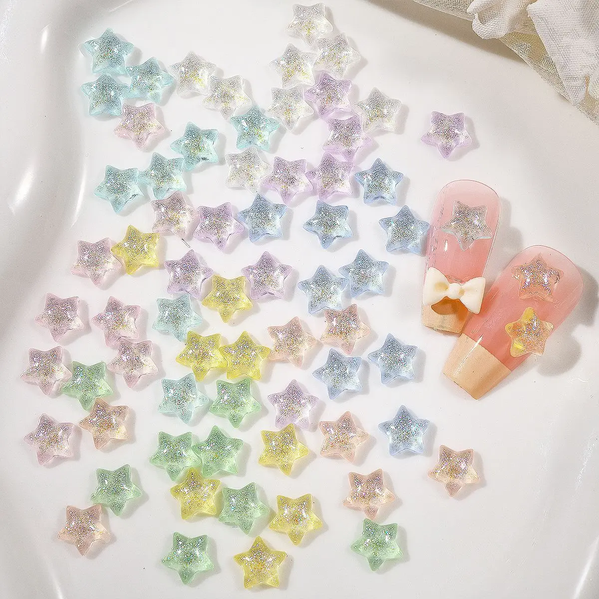 40pcs Ice‑Permeable Fine Glitter Star Nail Charms – Macaron Color 5‑Pointed Resin Decorations for DIY Manicure, Phone Cases, Je