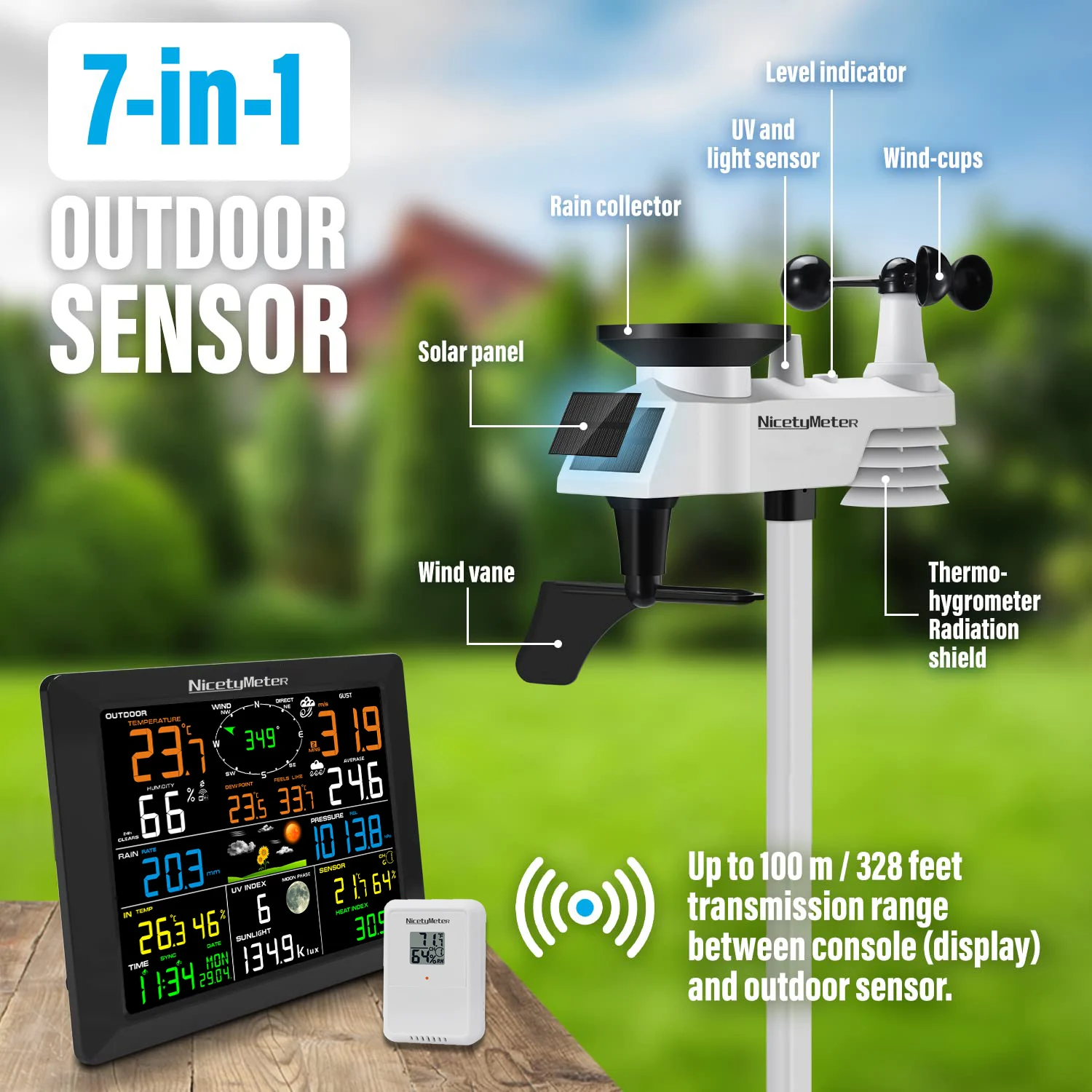 Internet Wireless WiFi Weather Station 7-in-1 Outdoor Sensor Remote Monitoring System Large Color Display Rain Gauge Temperature