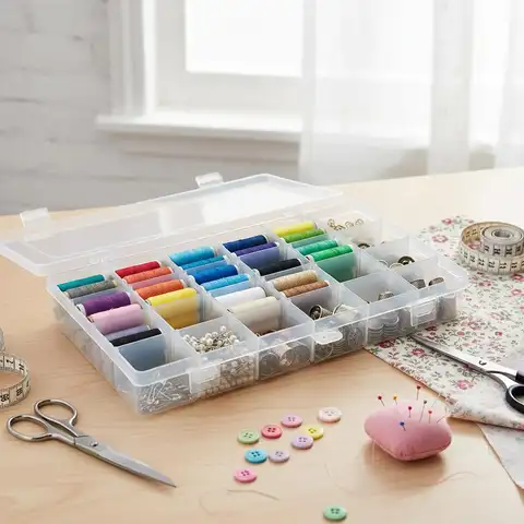 Plastic Sewing Thread Spool Storage Box 24/36 Grids Adjustable Divider Organizer Case for Embroidery Bead DIY Craft Accessories