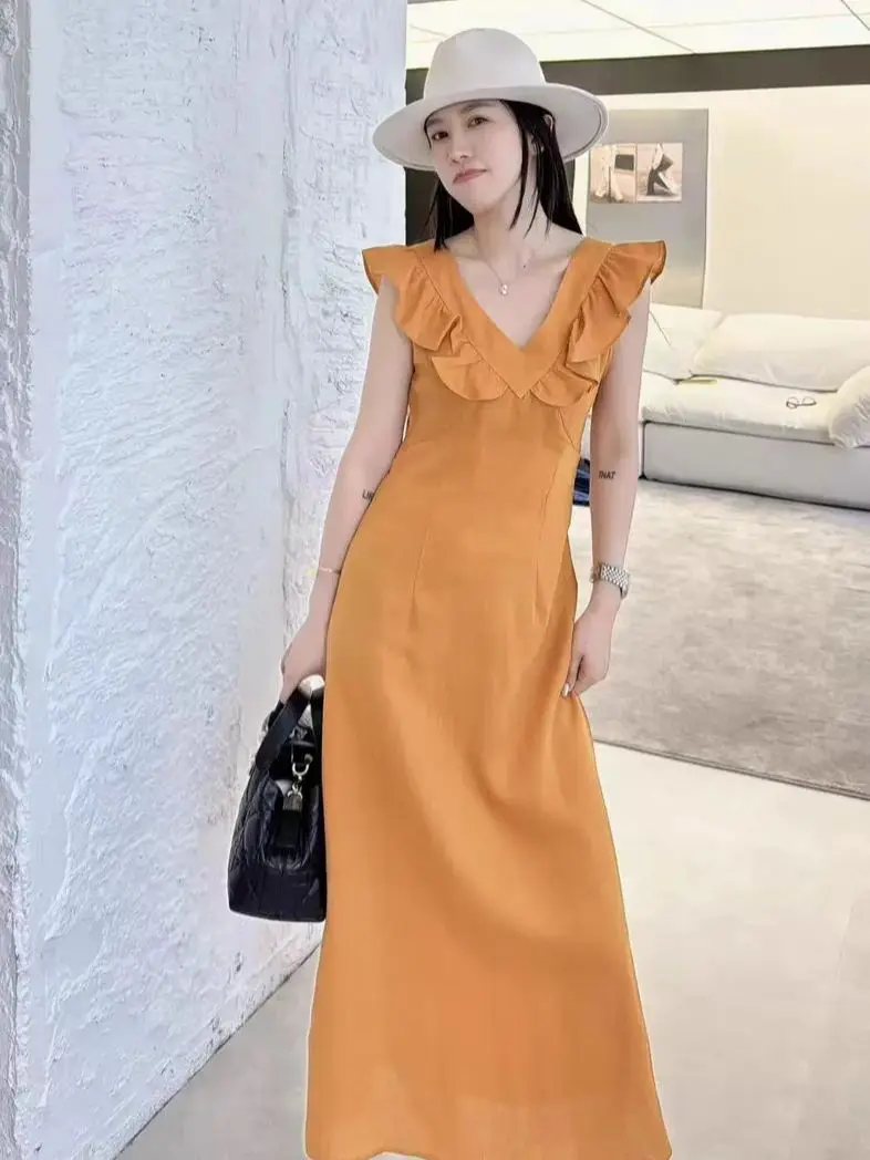 

Elegant casual summer ruffled short sleeve linen slim dress