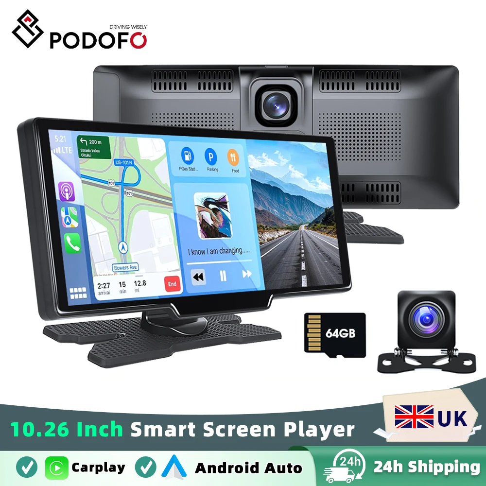 Podofo Wireless Carplay Android Auto Portable Digital Dashboard 10.26 Inch Smart Player With Voice Control Foward Camera BT