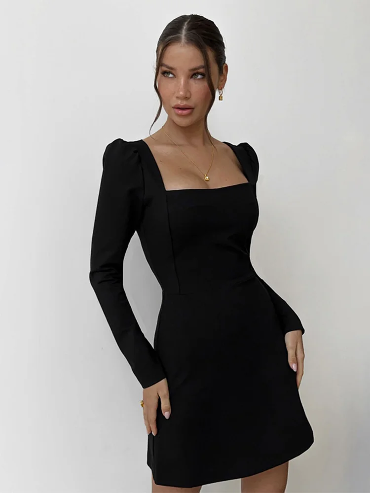 InsLucky Autumn Elegant Evening Dresses Women Long Sleeve Square Collar Slim Solid Black Mini Dress Office Lady Bodycon Fashion