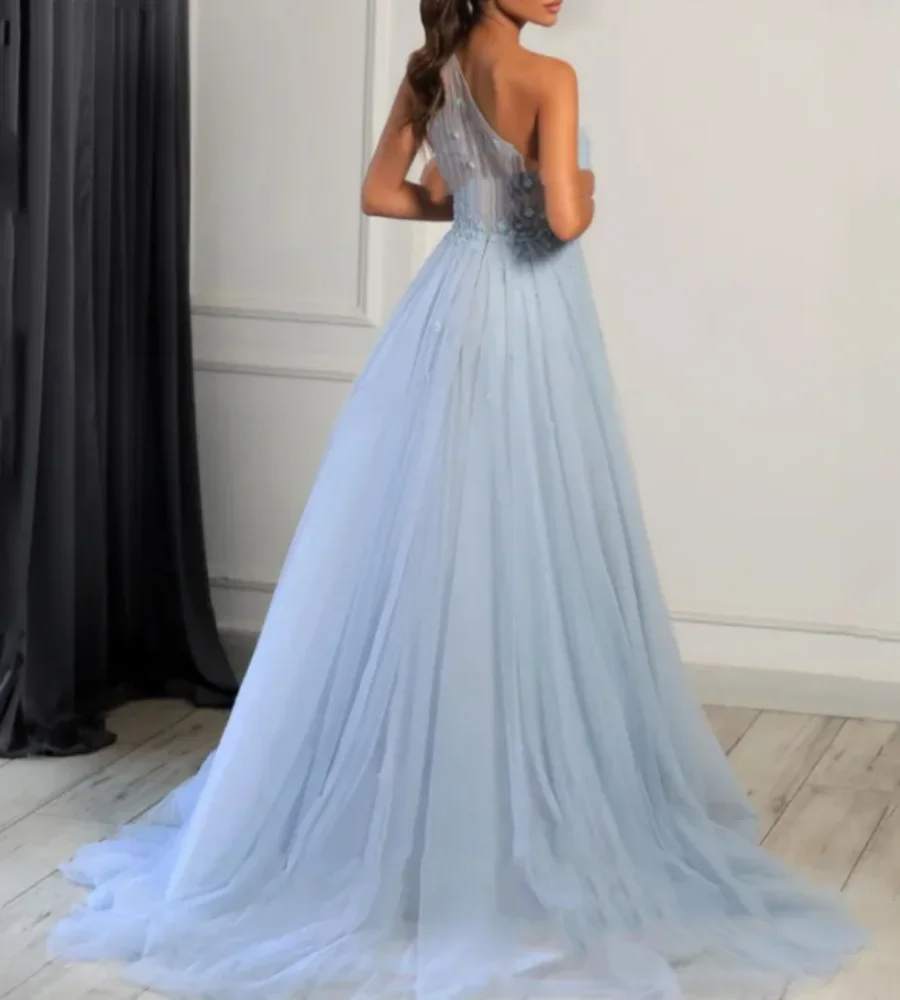 Luxury Sky Blue One Shoulder Tulle Evening Dresses for Women Wedding Party Gowns Prom A-line 2024 Sky Blue Prom Dress Vestidos