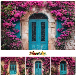 Mocsicka Photography Background Spring Purple Floral Wooden Door Decor Birthday Adult Child Art Portrait Backdrop Photo Studio