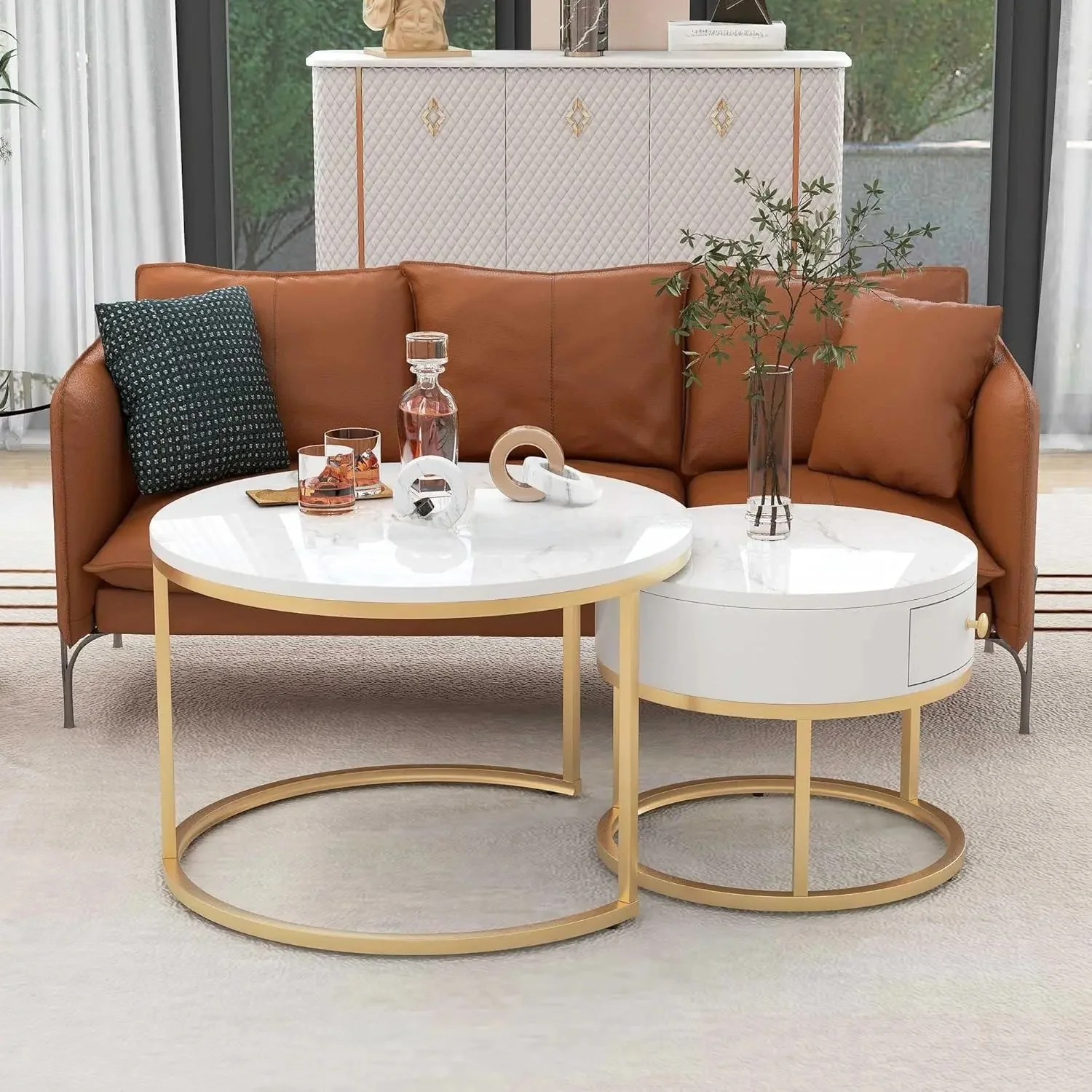 Round Coffee Tables with Drawer Set of 2 Nesting Tables Metal Frame Legs and Marble Pattern Top for Living Room Office Balcony