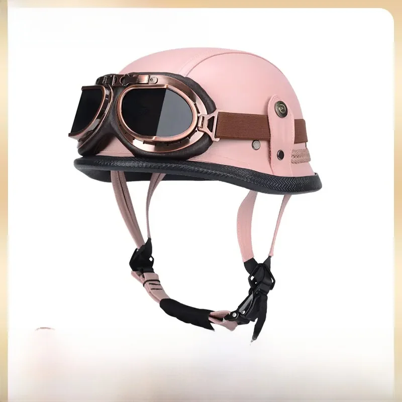 AliExpress C-Riding Wholesale Summer Safety Helmet Women's Motorcycle Helmet Electric Motorbike Cruiser Bike Vintage Half Helmet Pink PU Leather