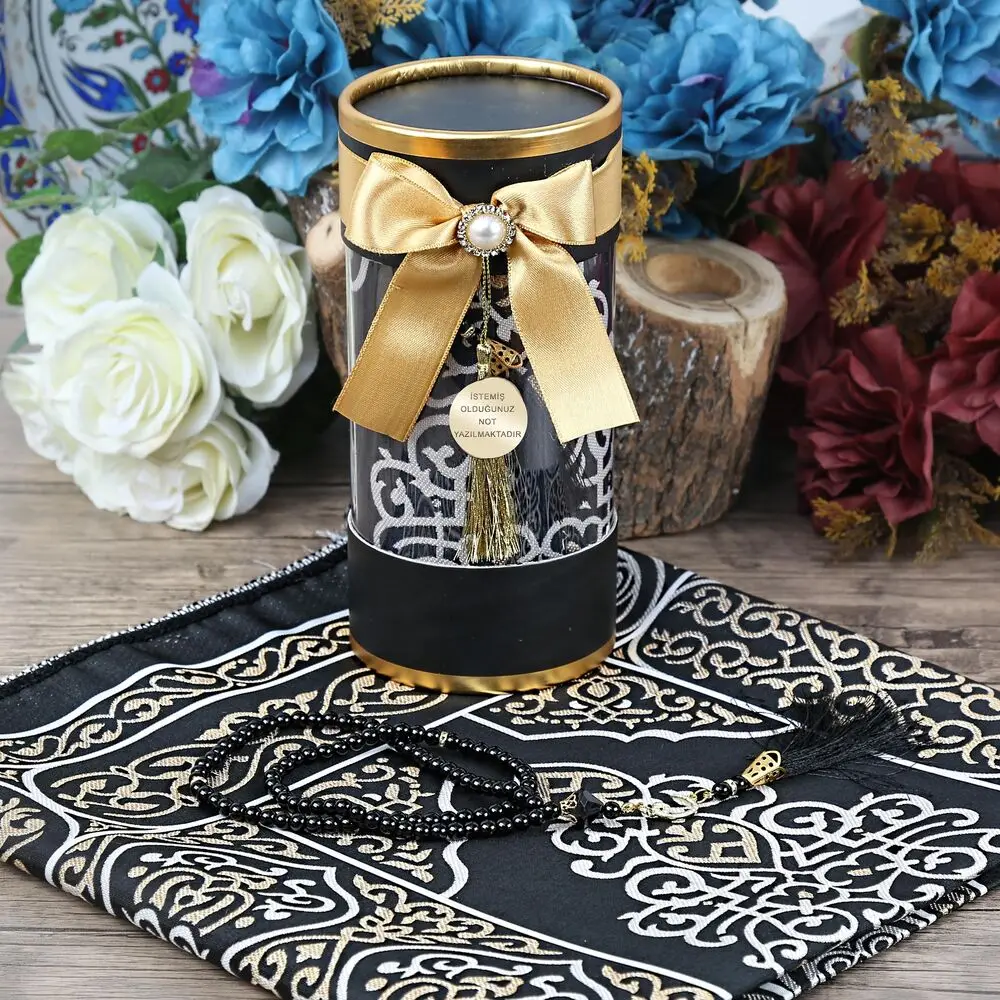 

GREAT GIFT Mevlüt gift package ( prayer carpet Gift Cylinder Acetate Box, Prayer Rug, Pearl Rosary - Black and Pink Gift Set.