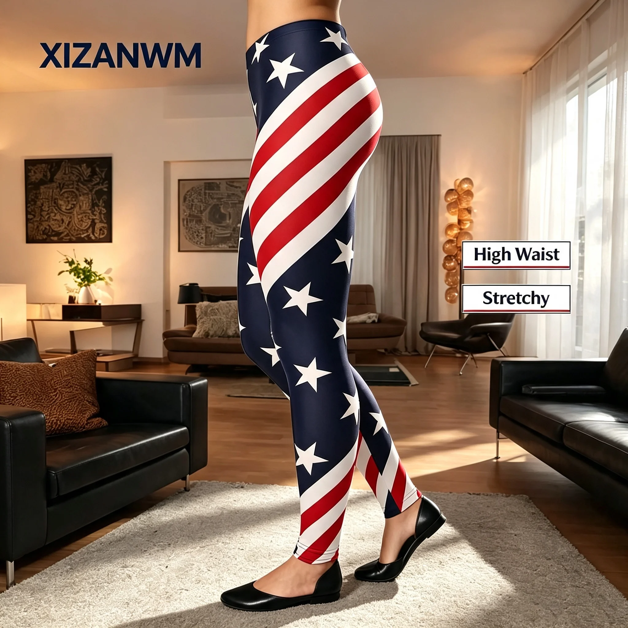 Women Leggings High Waist Booty Lifting Soft Elastic Yoga Running Sports Pants with American Flag Print Tummy Control Leggings