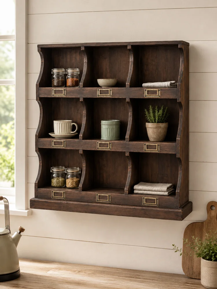 Rustic Fir Wood 9-Cubby Wall Organizer with Label Holders, Vintage Farmhouse Desktop Storage Shelf for Mail and Decor