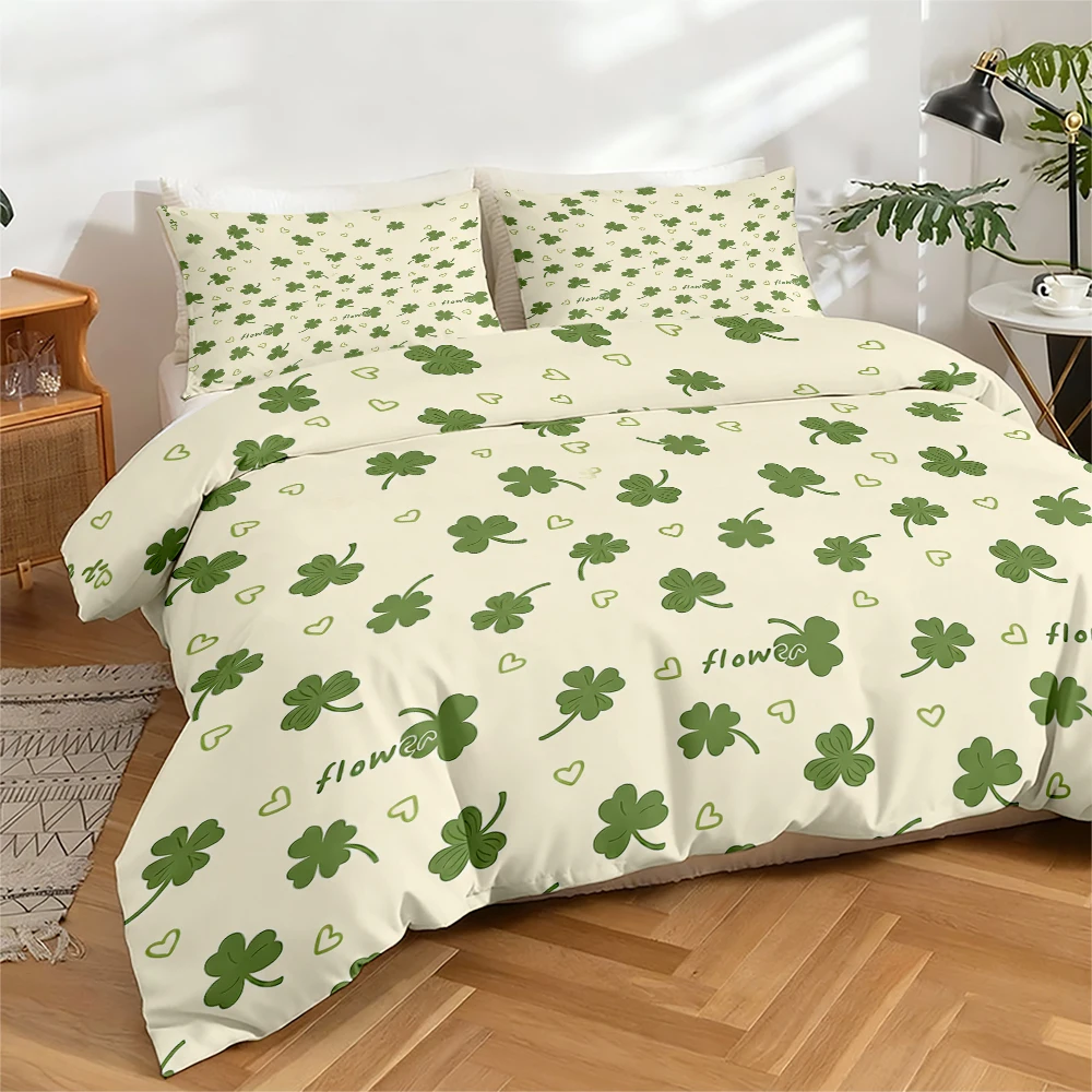 High-Definition Digital Printed Bedding Set, Duvet Cover Set with Clover and Heart Patterns, Large Floral Print Duvet Cover Set, Includes 1 Duvet Cover + 2 Pillowcases, Suitable for Bedroom, Guest Room, Home Decoration, Polyester Fiber Duvet Cover + Pillowcase Three-Piece Set, Ultra-Soft Bedding, Thick Fabric, Suitable for All Seasons, Machine Washable, 3 Pieces view 4