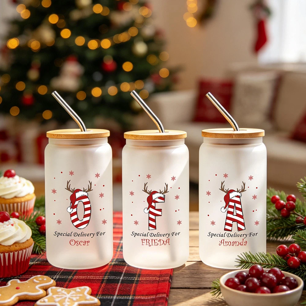 Custom Christmas Striped Monogram Letter Frosted Glass Cup With Bamboo Lid Straw Custom Name Special Delivery Iced Coffee Tumble