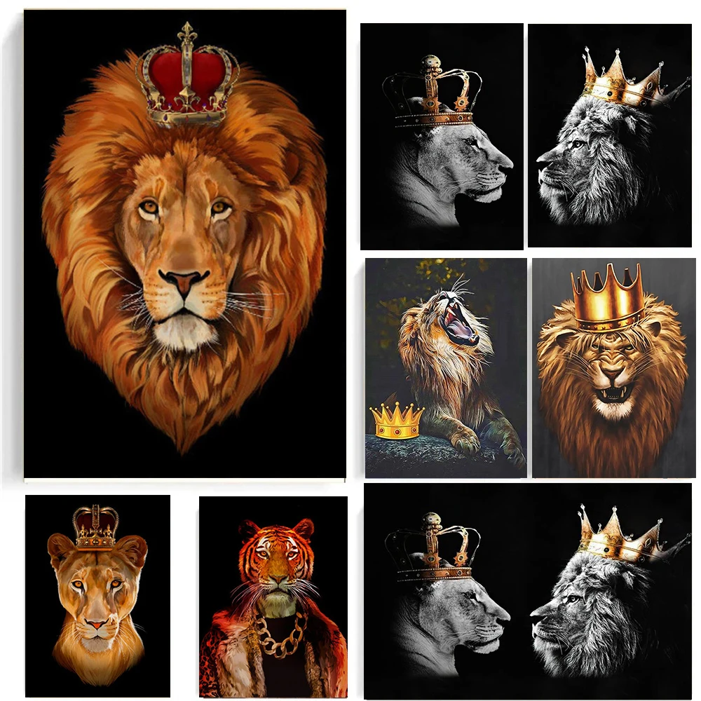 

Lion King and Queen Head With Crown Posters Canvas Painting and Prints Wall Art Print Black and White Animal Pictures Home Decor