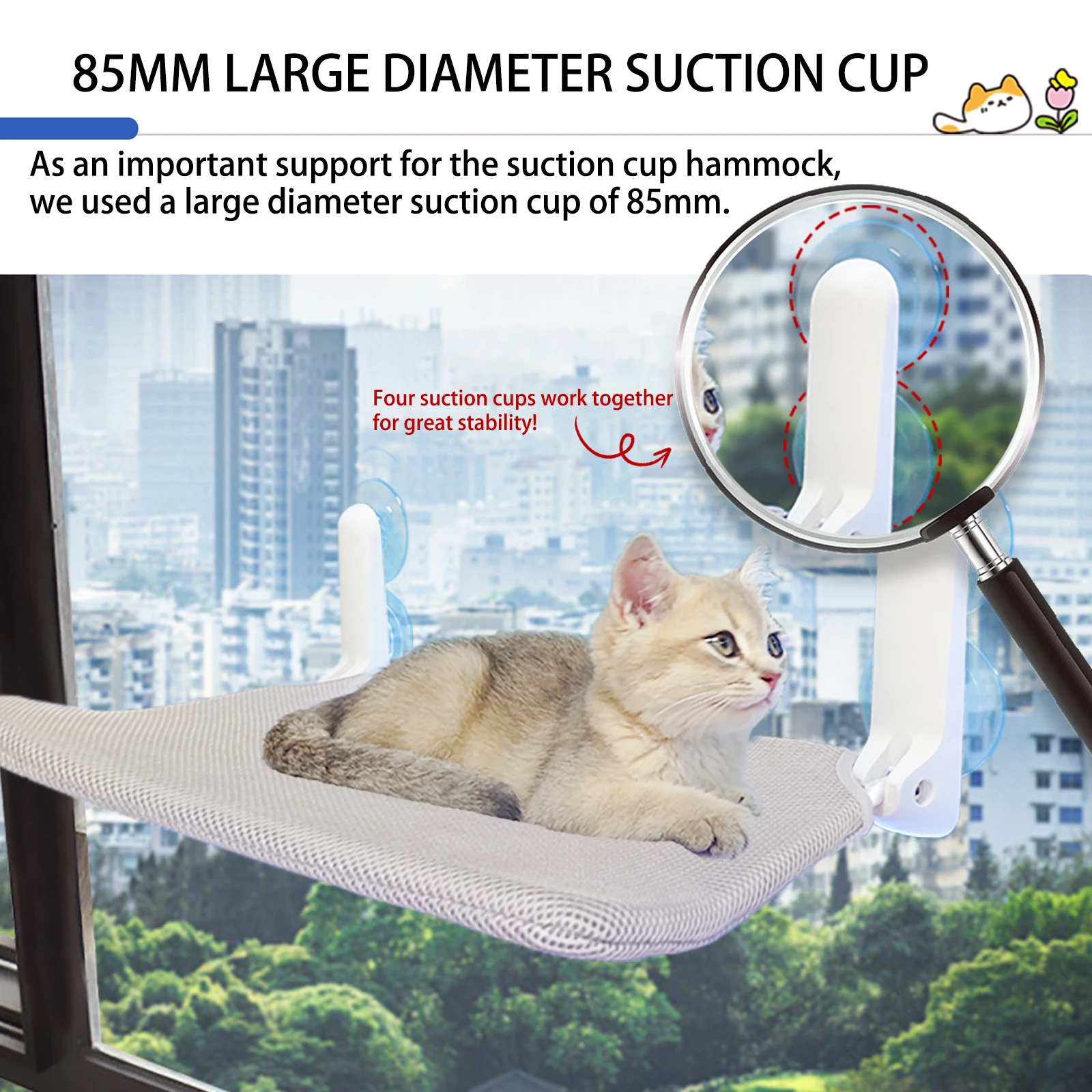 Cat Window Bed Hammock for Indoor Cats - 52x30cm Foldable Cat Window Perch w/Reversible Mat, Upgrade Strong Suction Cups Sturdy