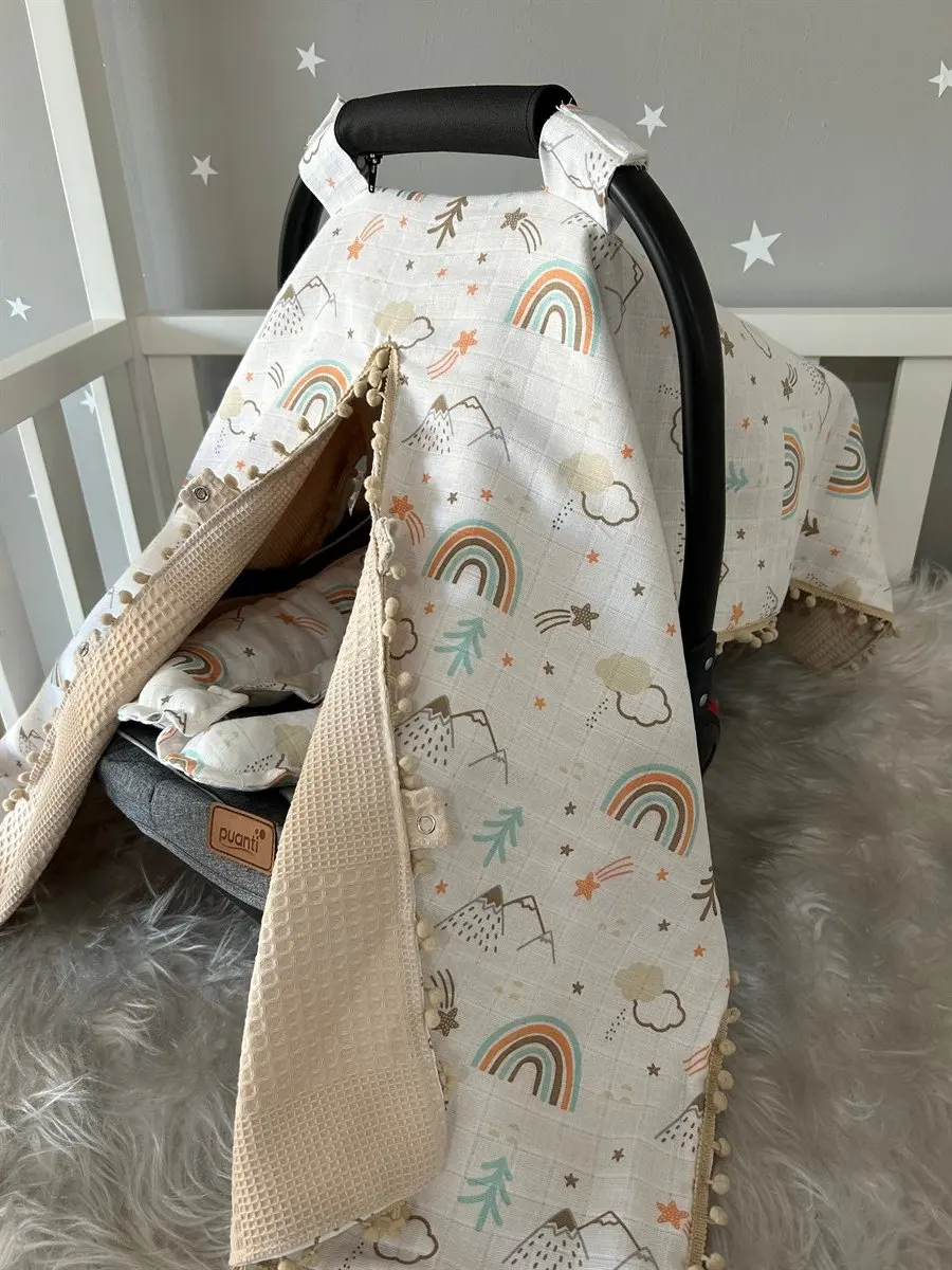 Handmade Coffee Waffle Pique and Muslin Mountain Pattern Design Double Sided Pompom Stroller Cover and Stroller Cushion