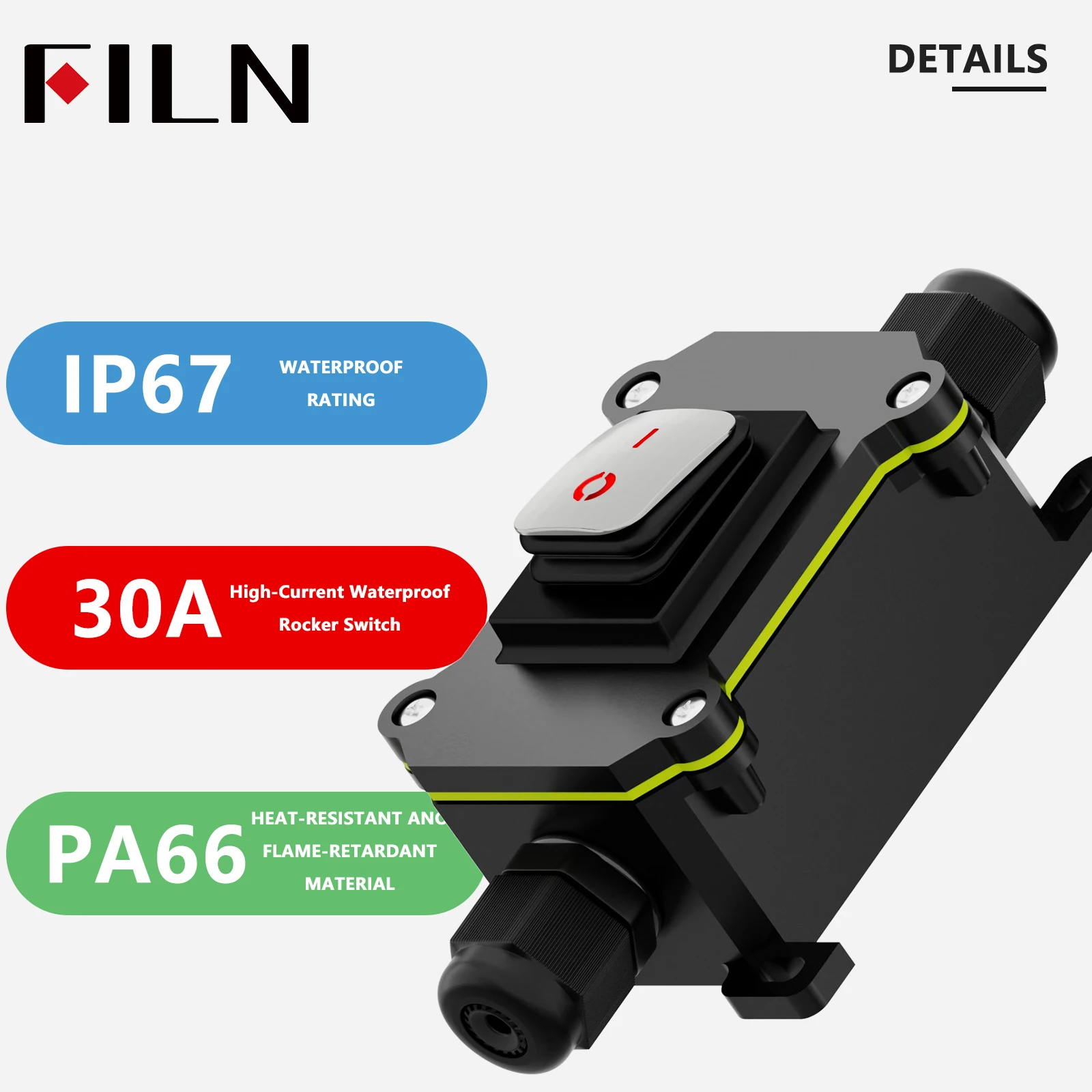 FILN 30A Waterproof Rocker Switch with IP67 Enclosure Box 12V 24V 220V UL Certified Heavy Duty Inline Switch for Outdoor Boat