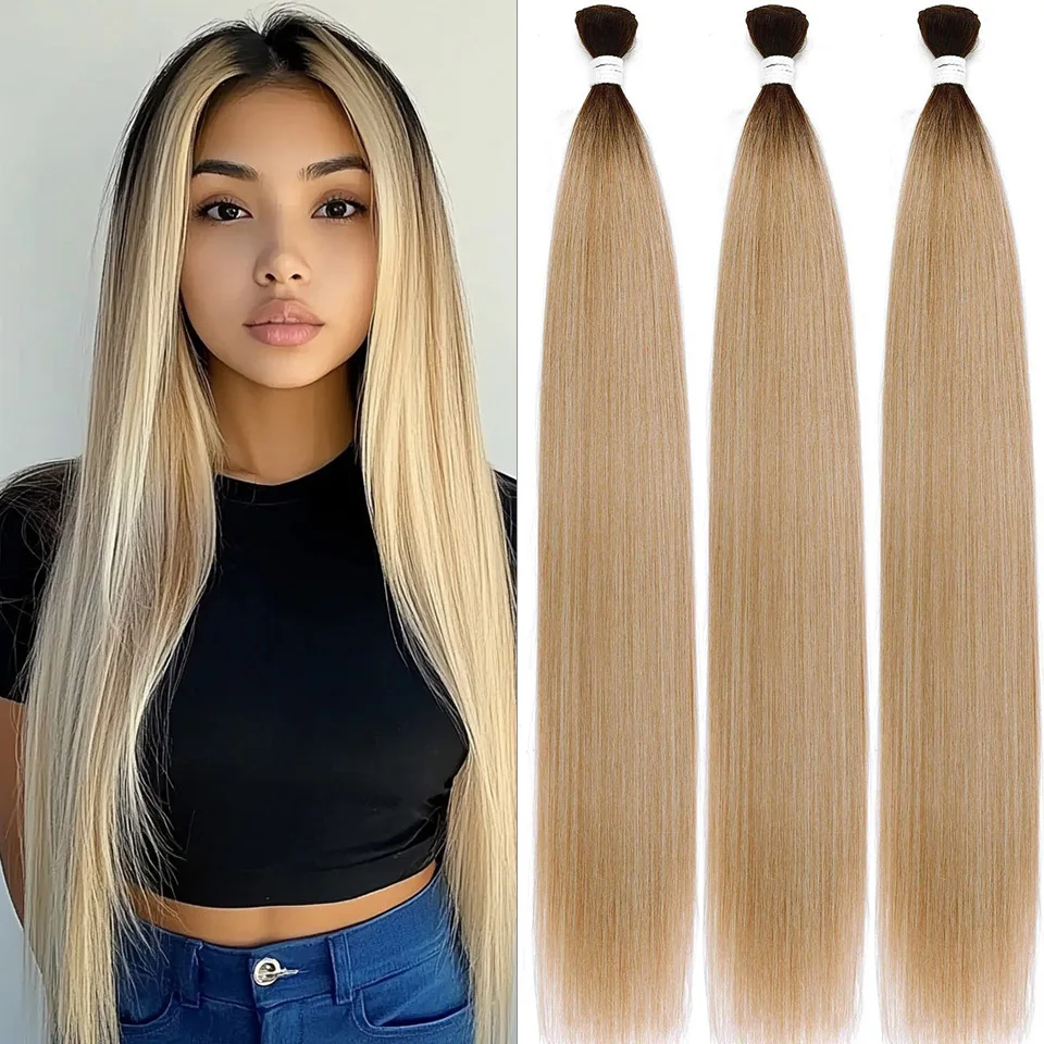 

Dark Root Blonde Bio Synthetic Hair Extensions Straight Hair Bundles Hair 26” High Temperature Fiber Long Straight Hair Bundles