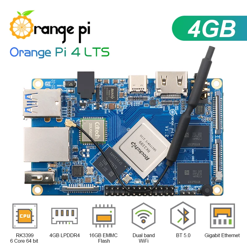 Orange Pi 4 LTS 4GB LPDDR416GB EMMC Rockchip RK3399 Wifi+BT5.0 Gigabit Ethernet Run Android Ubuntu Debian OS for OPI 4 LTS