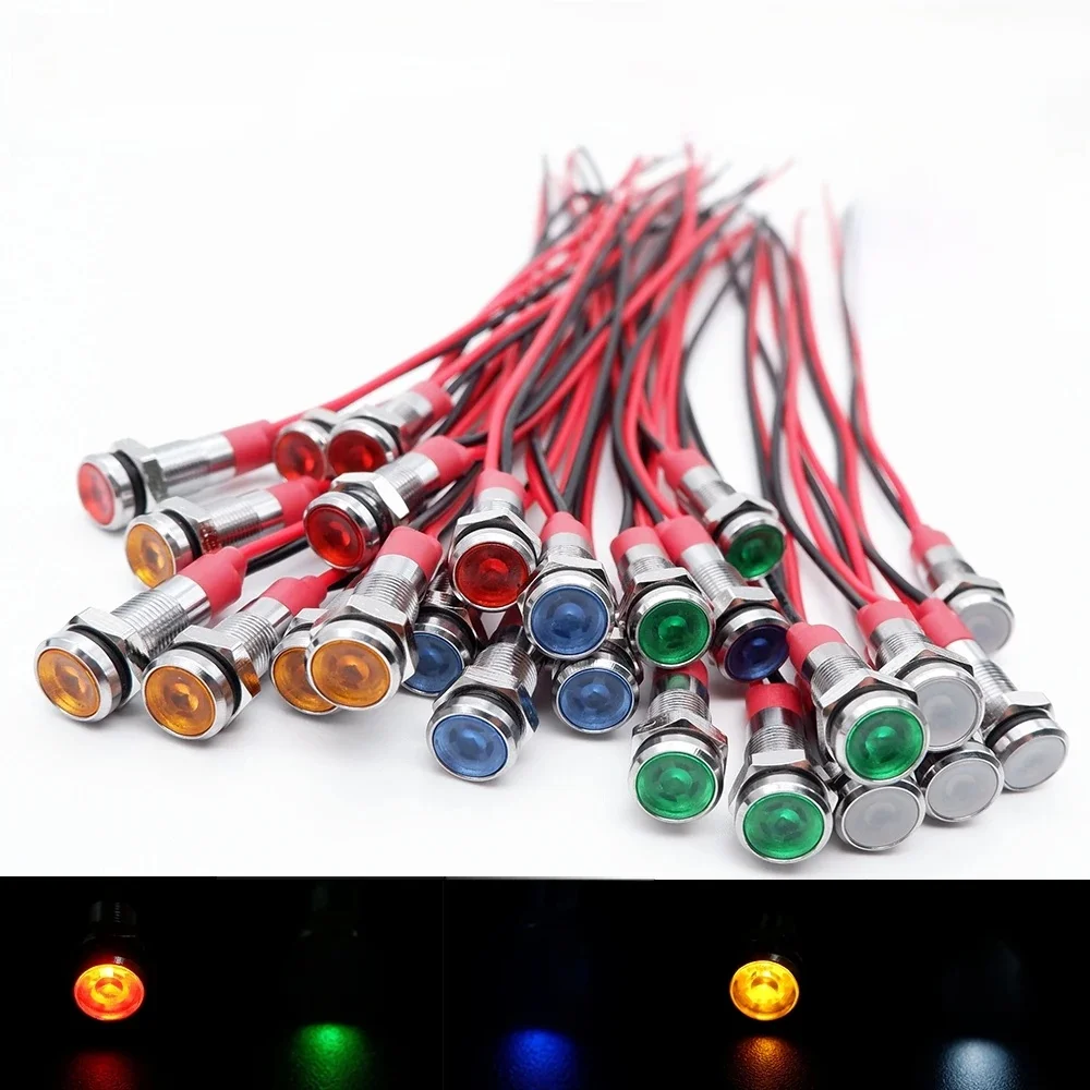 5 pièces 6mm indicateur en métal LED Signal d'avertissement lampe pilote avec fil 3V 5V 6V 12V 24V 220V rouge Orange bleu vert blanc