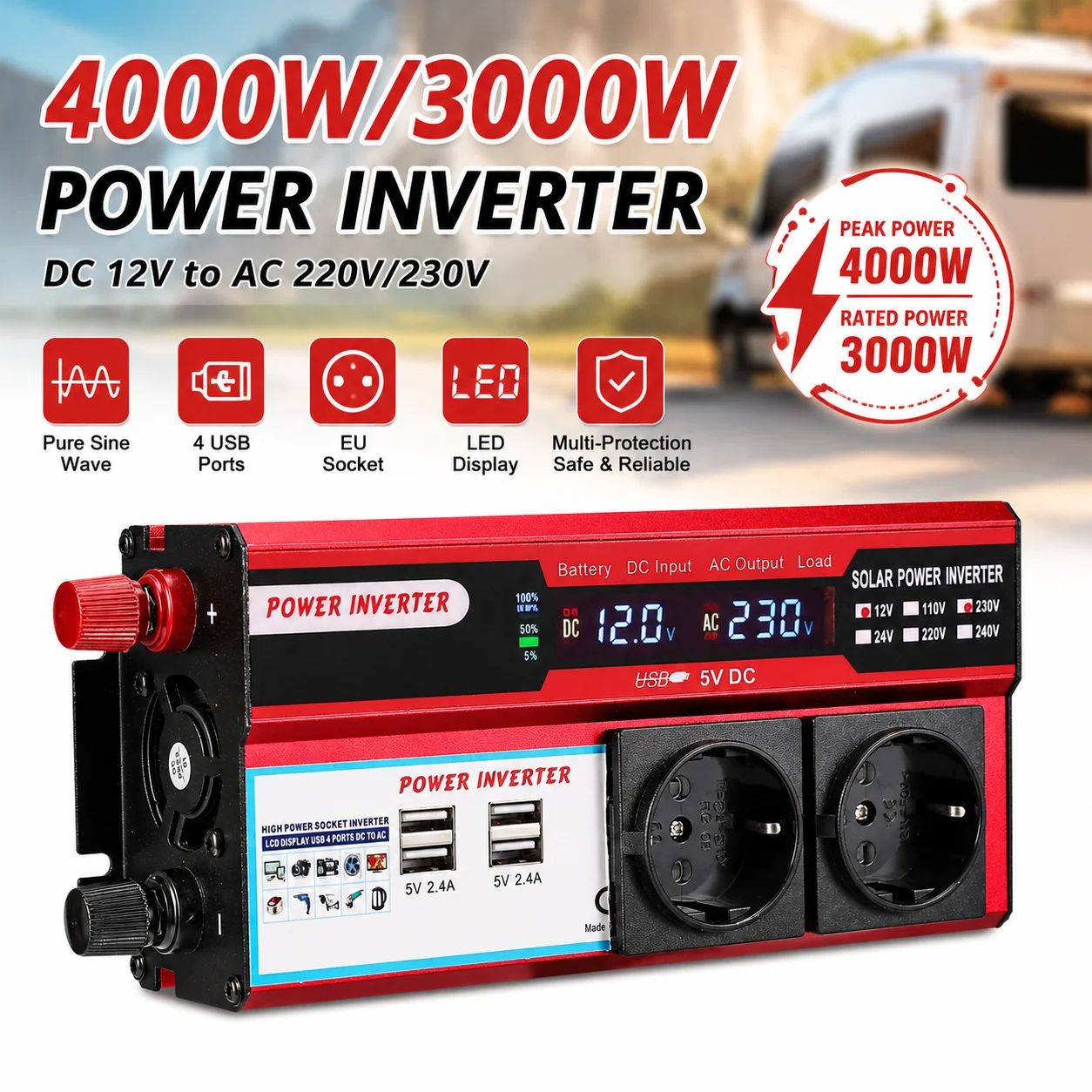 4000W Stromwechselrichter DC 12V zu AC 220V 230V Transformator mit 4 USB-EU-Steckdosen zum Aufladen mit LED-Anzeige für Reisen und Camping