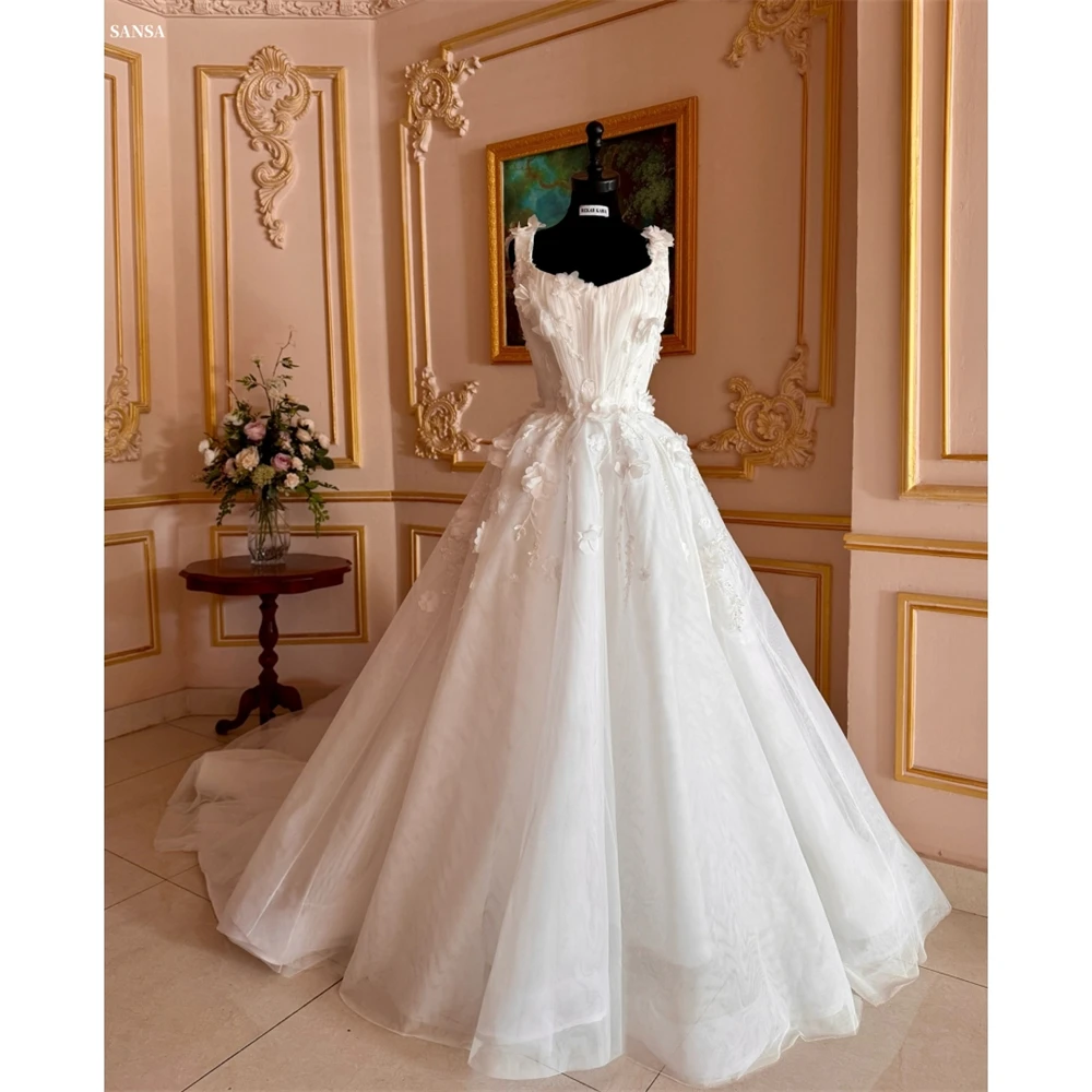 

Sansa белое бальное платье с 3D цветком по индивидуальному заказу, платья для выпускного вечера, плиссированные цветочные бретели, Vestidos De Noche, длиной до пола, торжественный вечер 2025