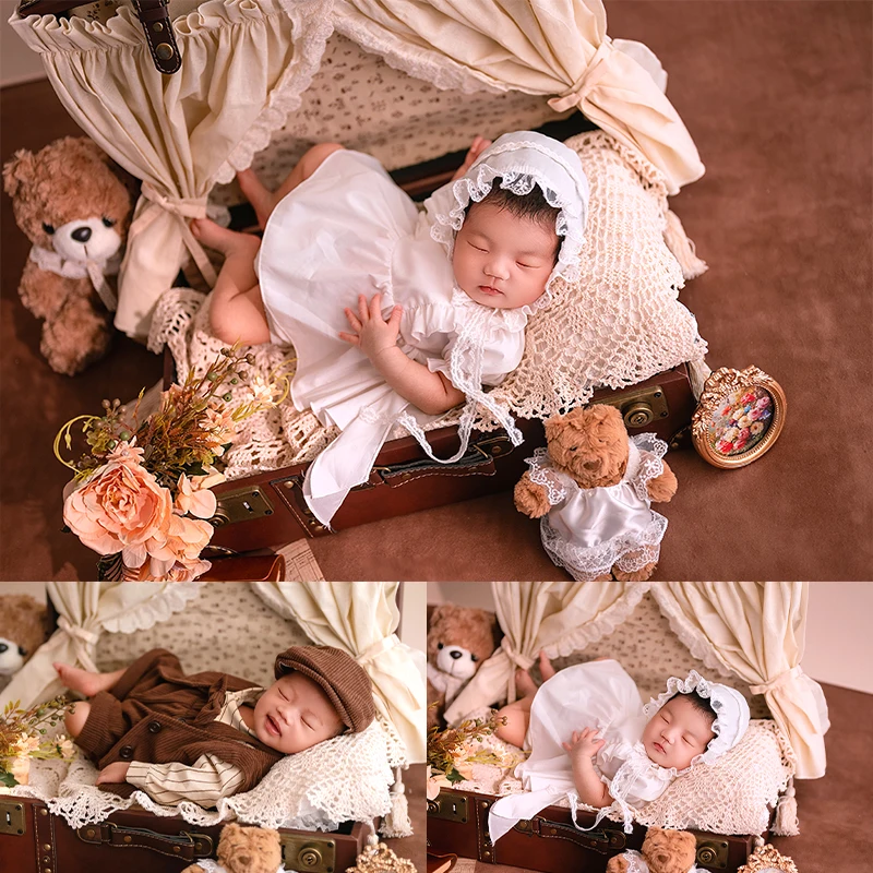 

Наряды для фотографий новорожденных в романтическом стиле, кружевная повязка на голову для маленьких девочек + платье, рубашка для маленьких мальчиков + комбинезон + шляпа, реквизит для свадебной сцены