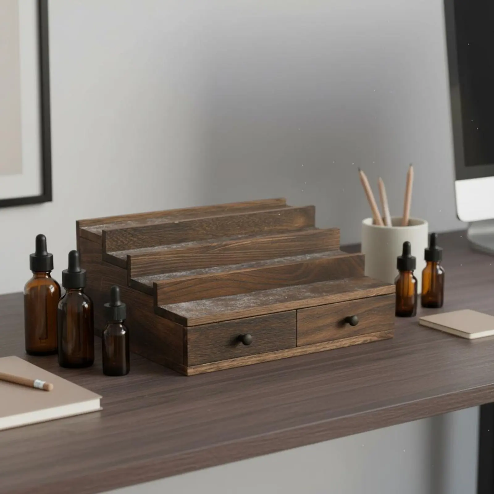 Stepped Display Riser with Drawers Wooden Tiered Display Stand Large Capacity Multi-Layer Wood Storage Rack for Collectors