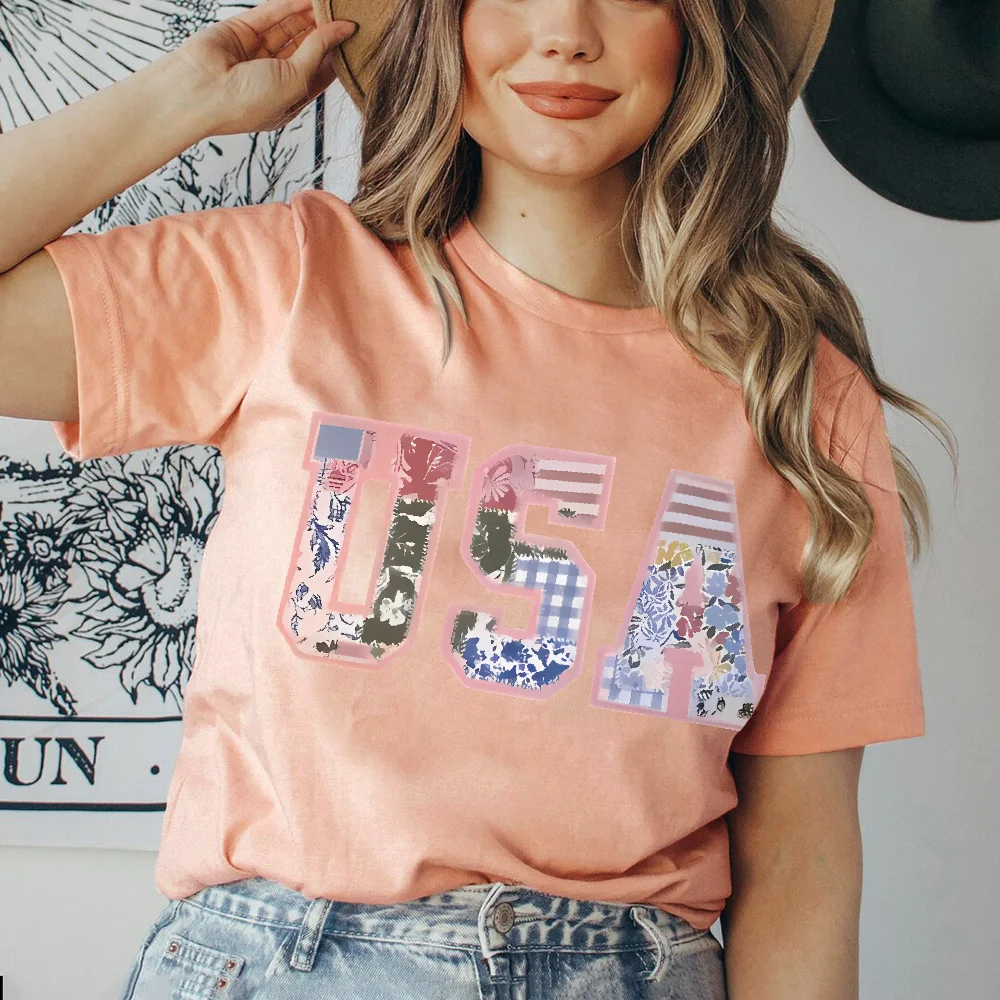 Women'S Vintage Floral USA Flag T-Shirt Knit, Regular Fit, All-Season Fashion Tee Casual Round Neck, Short Sleeve,