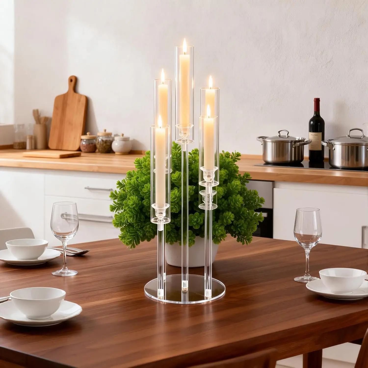 Elegantes, transparentes Acryl-Kandelaber-Tischdekorationsstück – Hoher Kristallkerzenhalter mit Glaszylindern und LED-Stabkerzen – Abnehmbare, moderne Tischdekoration für Hochzeiten und festliche