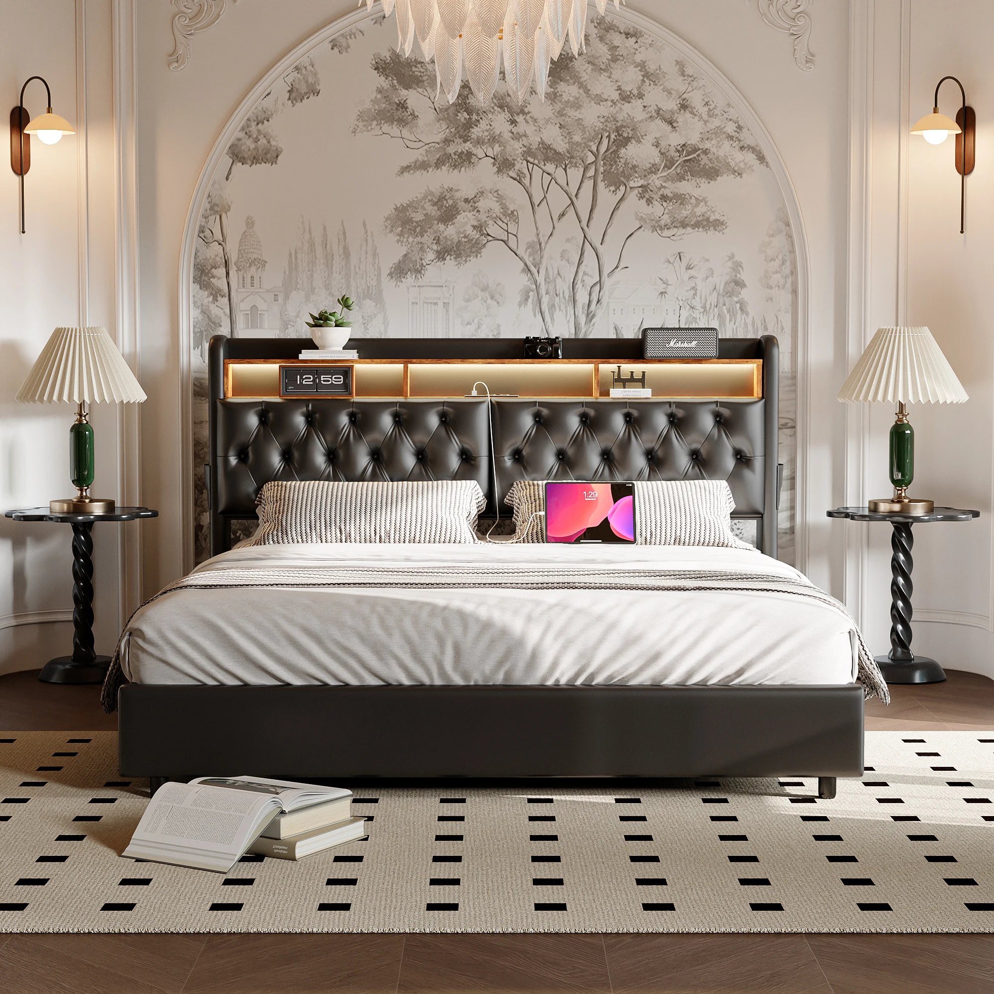 Betttruhe 180x200 cm mit Stauraum, Bett 180x mit Boxspring und LED- und USB-Beleuchtung, doppelt gepolsterter Bettrahmen, gepolsterte Truhe