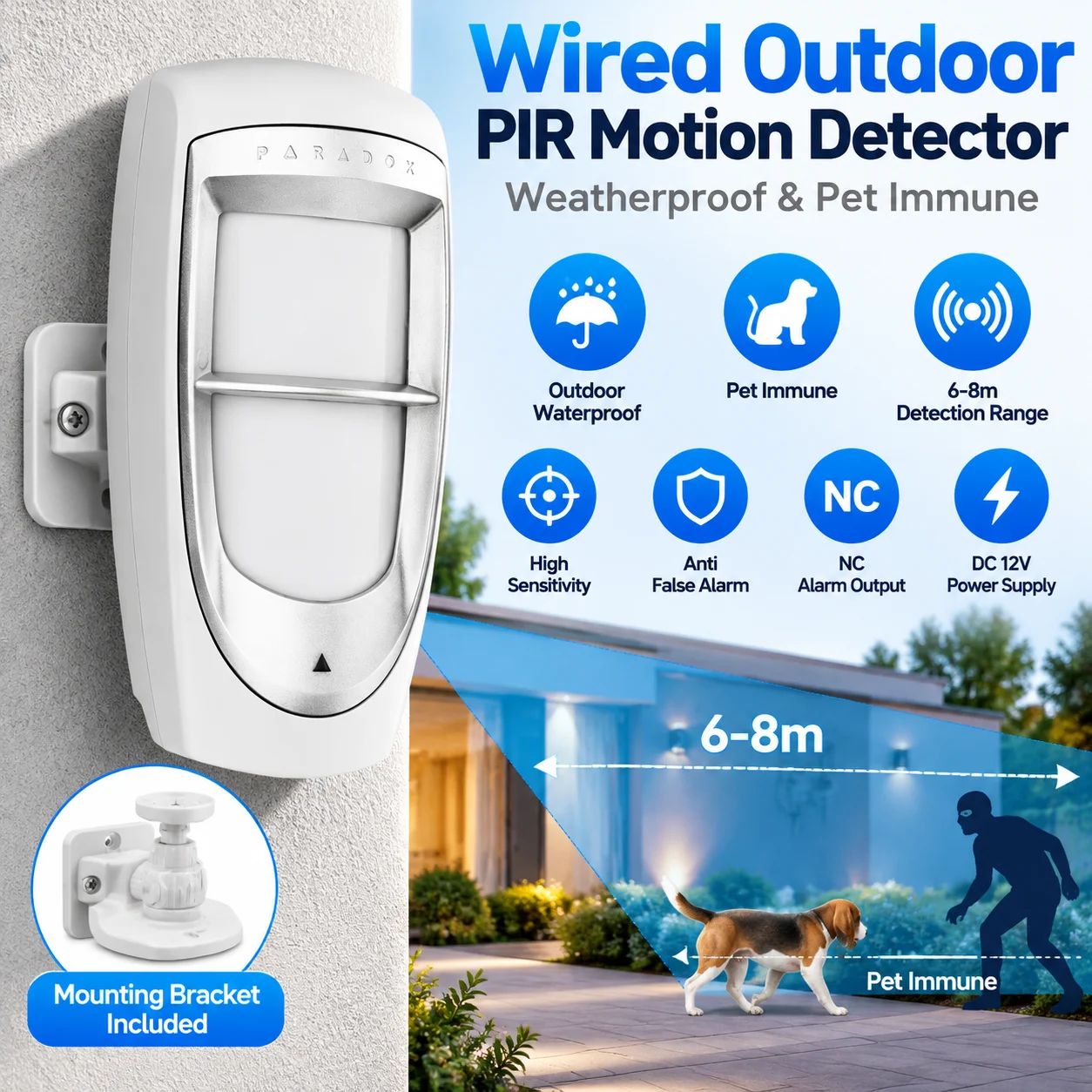 12V Wired Outdoor WaterProof Security Home Burglar Alarm DG85 Wall-Mounted Dual PIR Sensor Wire Infrared Motion Detector