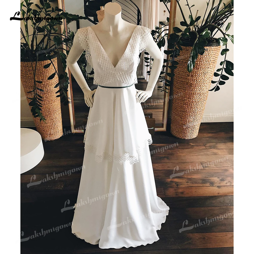 Sexy Deep V Neck Open Back Button Belt Lace Top Tiered Satin A Line Wedding Dress For Women Boho Bridal Gown Sweep Vestidos Robe