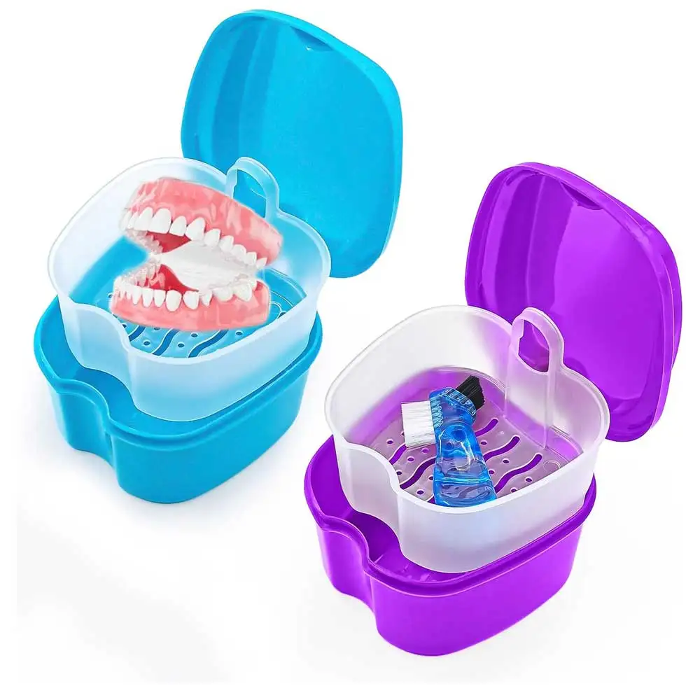 2 Pcs Dental Case False Teeth Bath Box Storage Soak Container with Strainer Basket for RetainersTravel False Teeth Cleaning