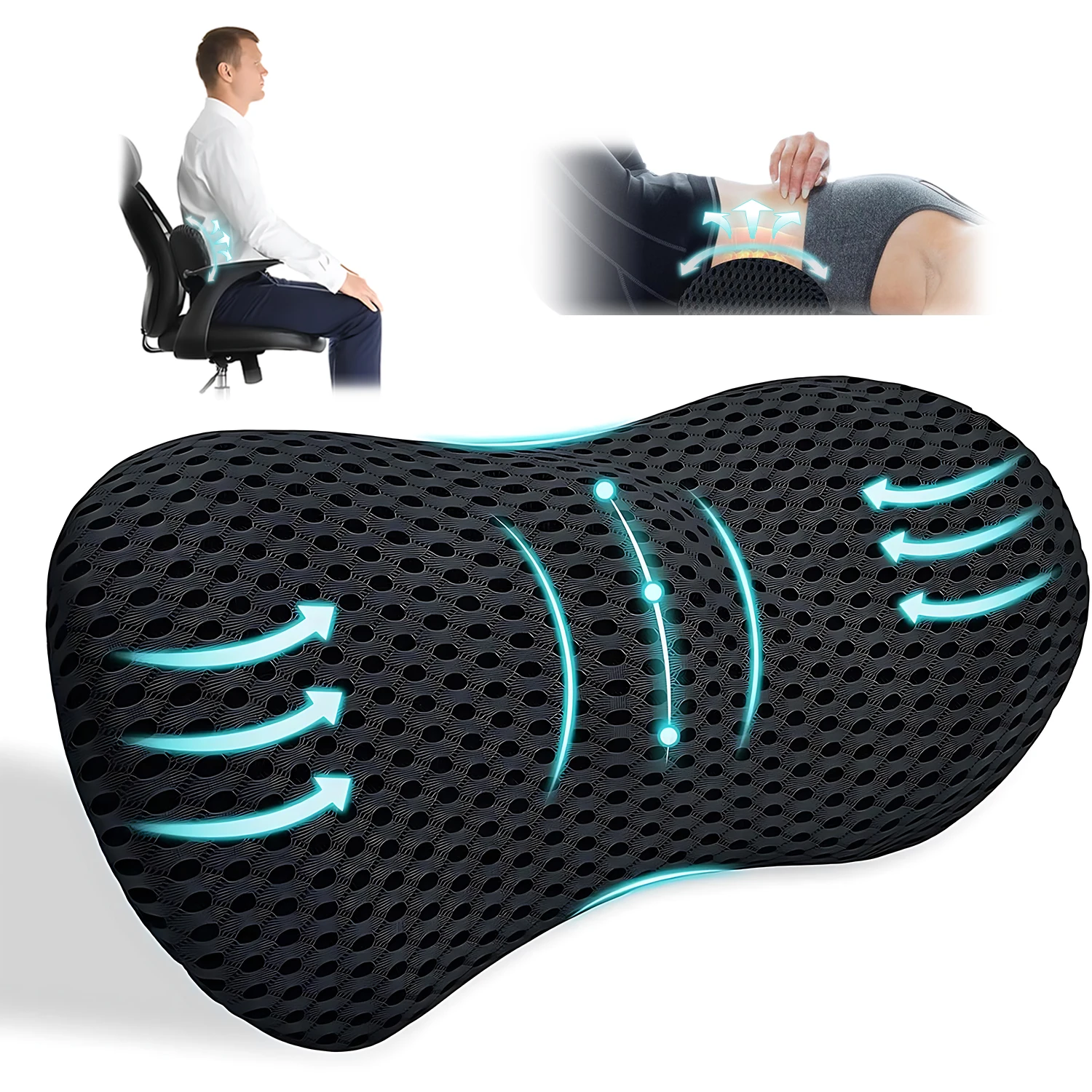 Rückenkissen aus Memory-Schaum – Lordosenstützkissen für Auto- und Bürostühle, verstellbares Lendenwirbelstützkissen für unteren Rücken, ideal für Reisen– 46 × 23 × 11 cm, Schwarz