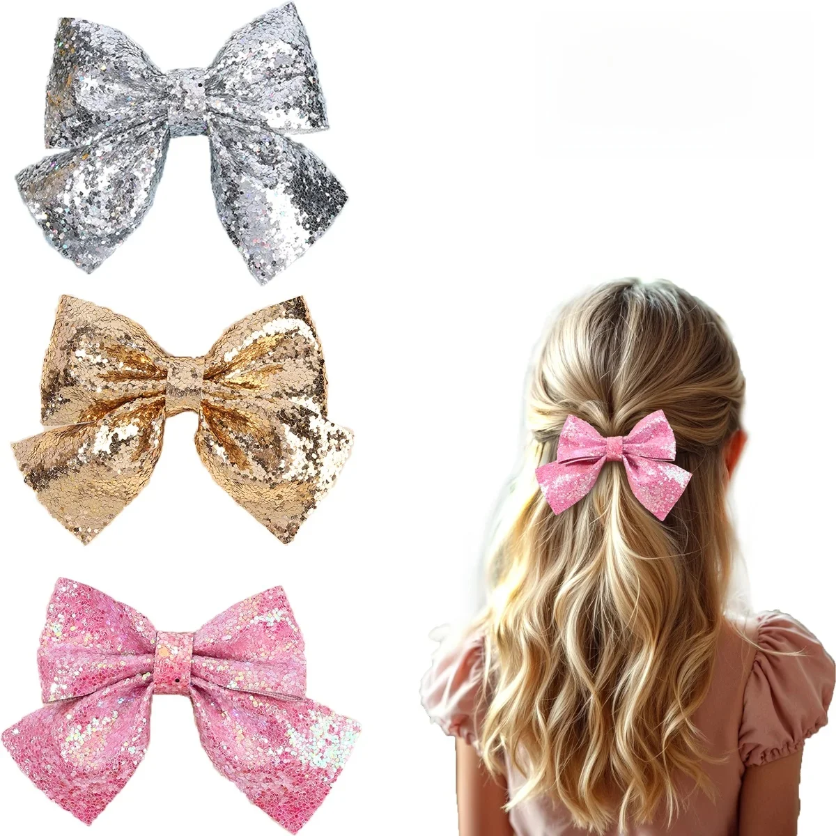 Pinces à cheveux avec nœud à paillettes pour filles, 2 pièces, épingles à cheveux à nœud papillon à paillettes, Barrette brillante, accessoires de coiffure pour enfants