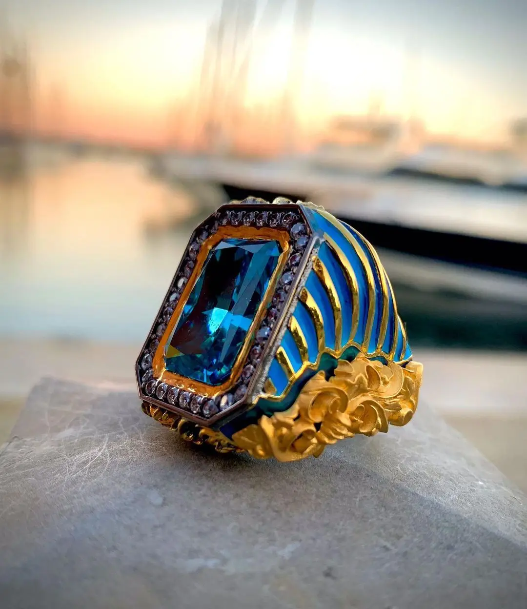 Ring 925 Sterling Jewelry VIP Baroque Embroidery Art Pen Art and Enamel Art Center Stone Aquamarine İce Crushed Radiant Gift Men