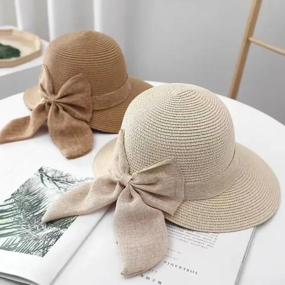 Słomkowy kapelusz z szerokim rondem Czapka plażowa z kokardą Ochrona przed promieniowaniem UV Oddychająca czapka Panama Letnia moda Casual Bucket Hat dla kobiet — zdjęcie 2