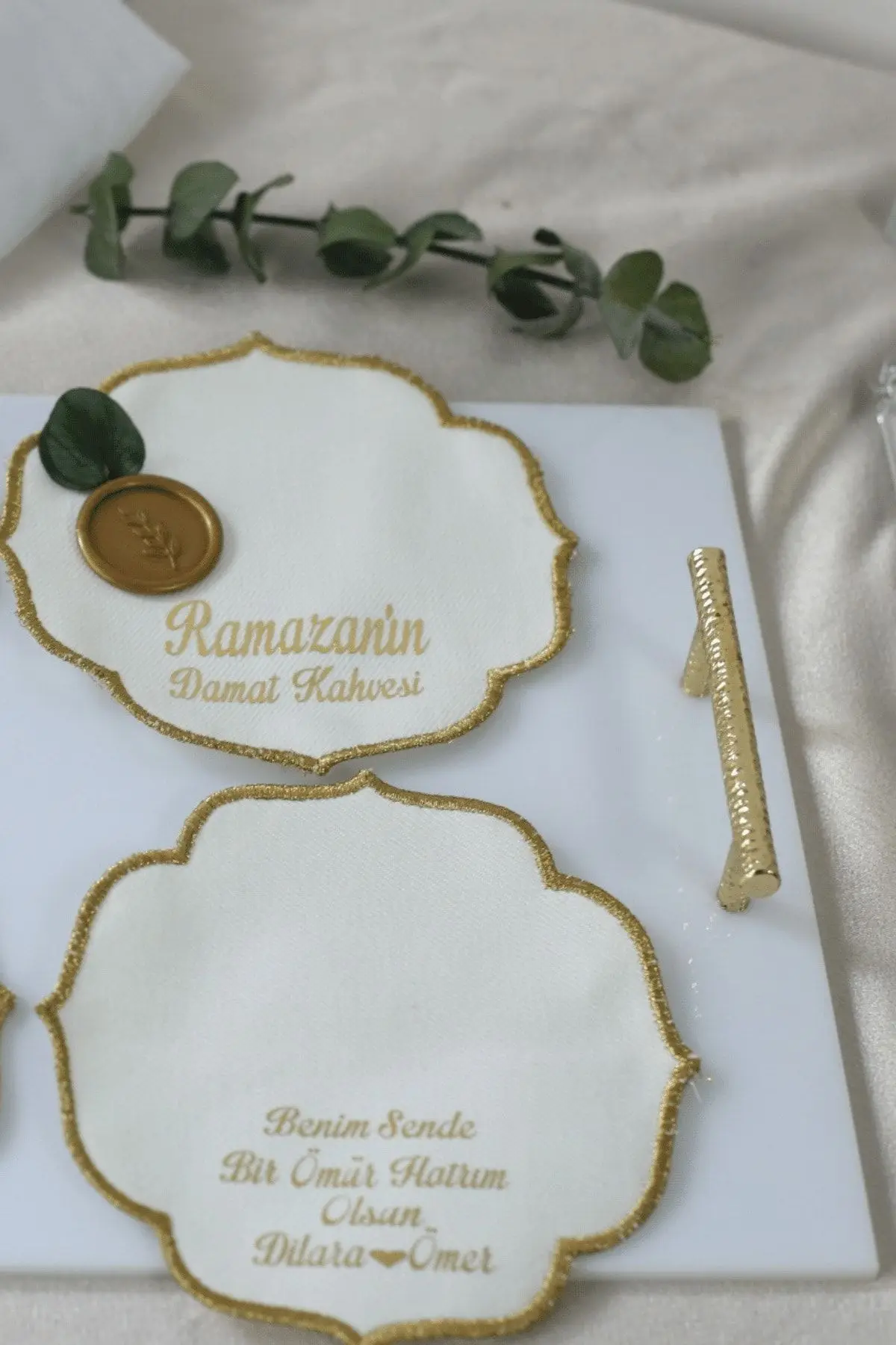 Custom Gold Printed Word For Your Name And Fabric Sealed Groom Coffee Napkin For Your Engagement