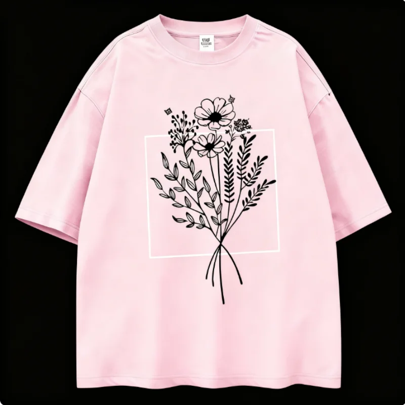 100% Pure Cotton Floral Line Art Black T Shirt Botanical Graphic Design Short Sleeve Top Fashion Casual Comfortable Cotton Tee